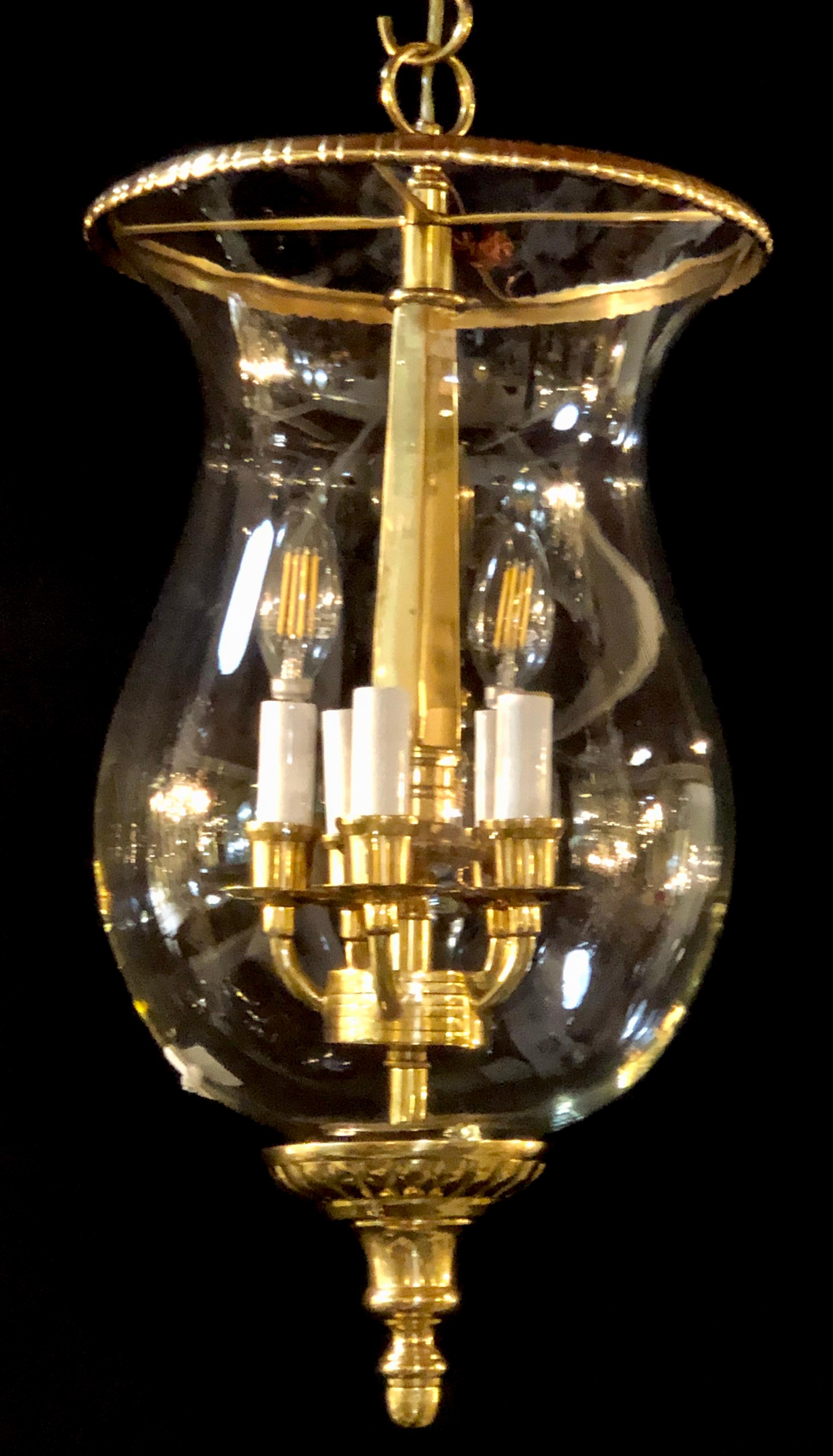 Neoclassical Brass and Glass Bell Jar Five-Light Chandeliers or Pendants a Pair