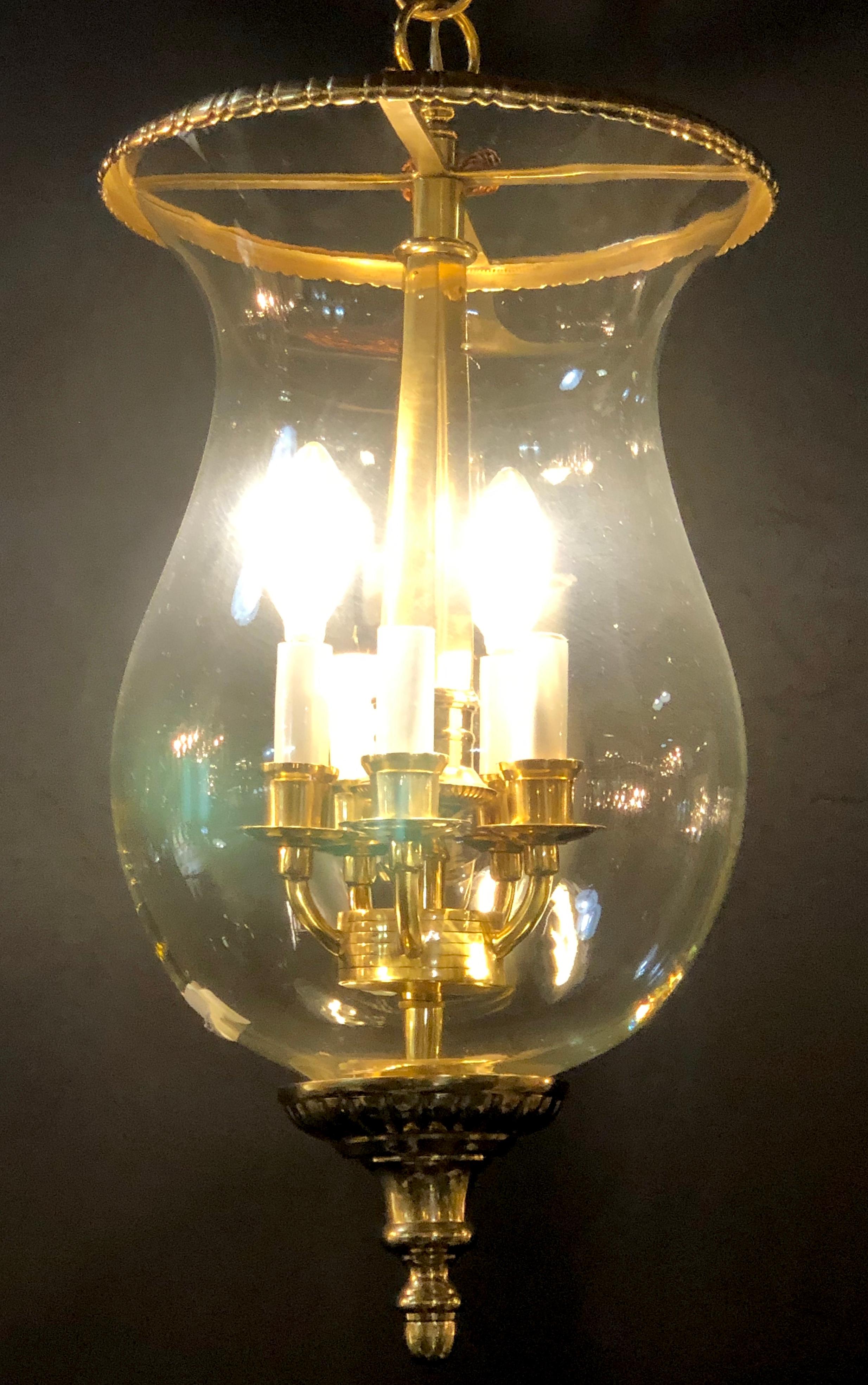 Brass and Glass Bell Jar Five-Light Chandeliers or Pendants a Pair In Good Condition In Stamford, CT