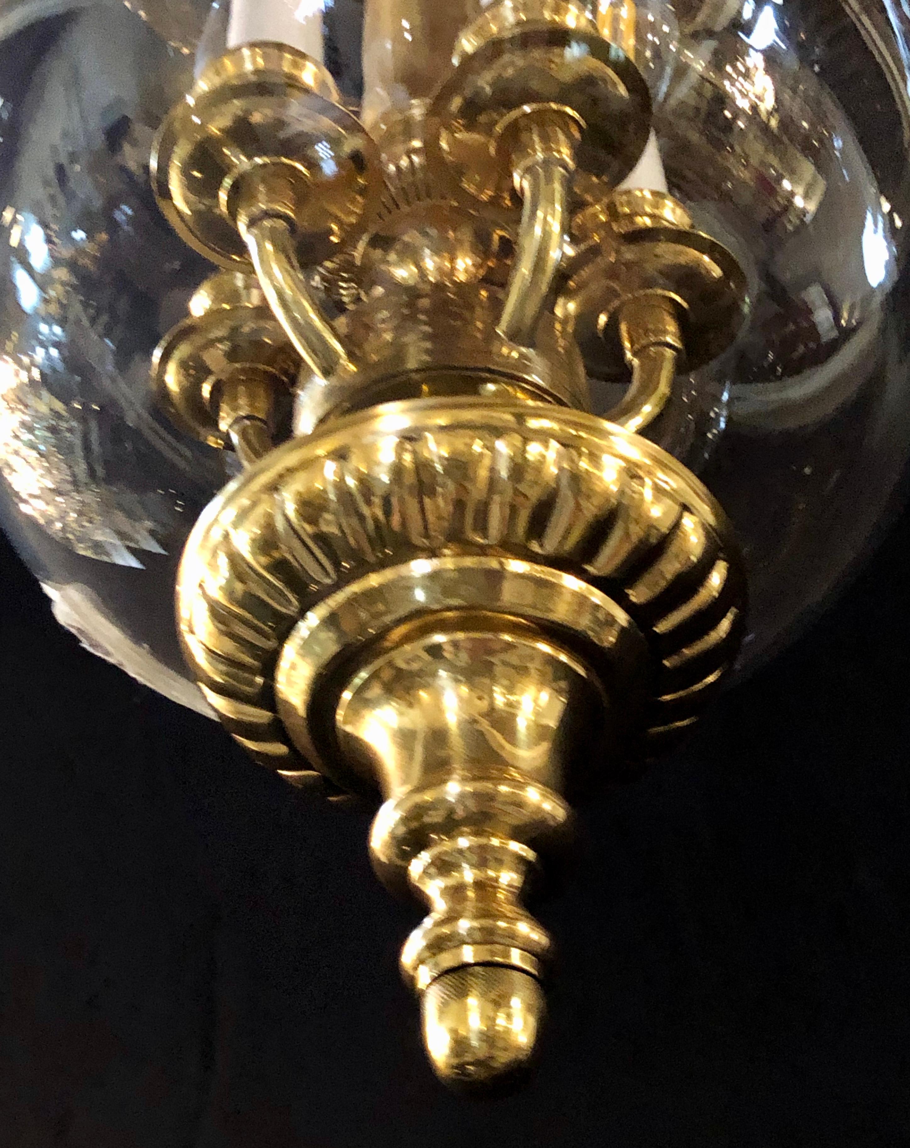 Brass and Glass Bell Jar Five-Light Chandeliers or Pendants a Pair 1