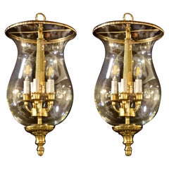 Vintage Brass and Glass Bell Jar Five-Light Chandeliers or Pendants a Pair