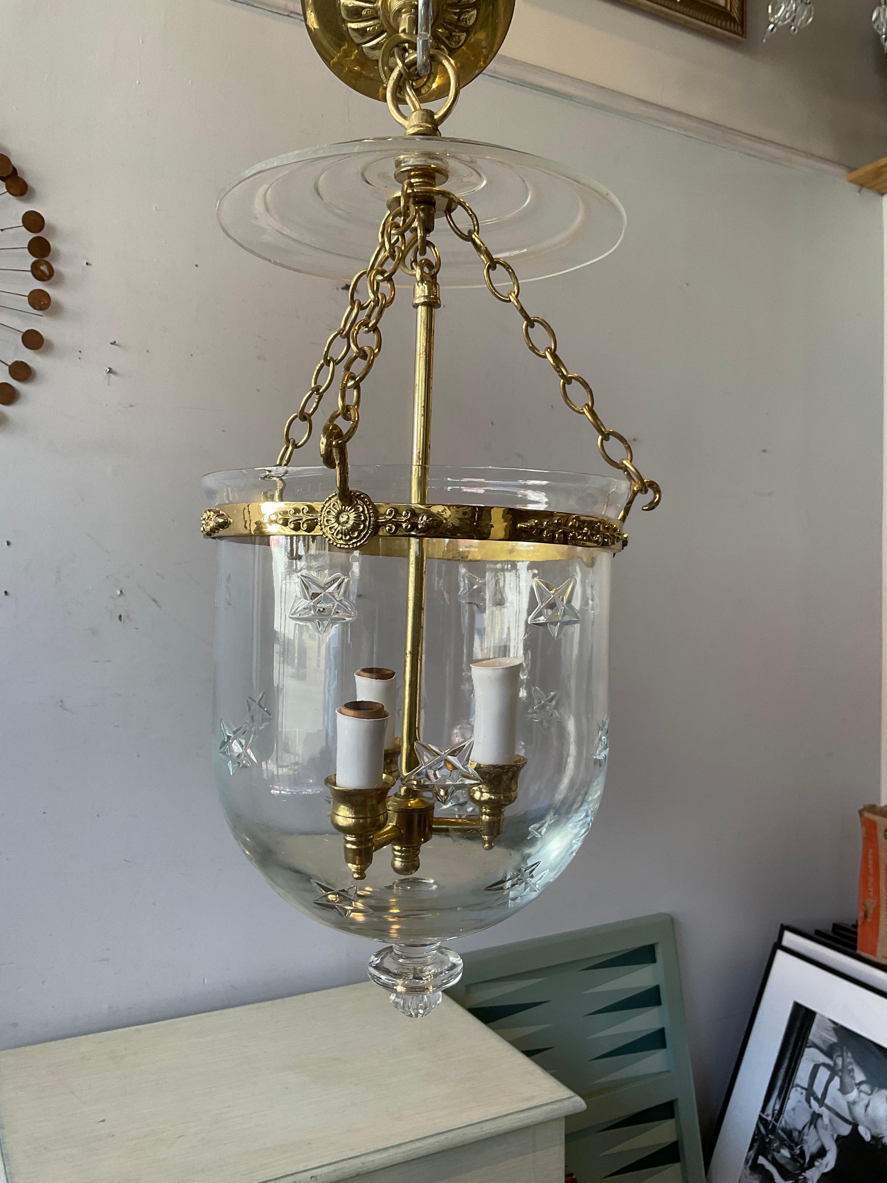 Classical brass bell jar lantern Has original wiring, needs rewiring. Height is to top of ring.