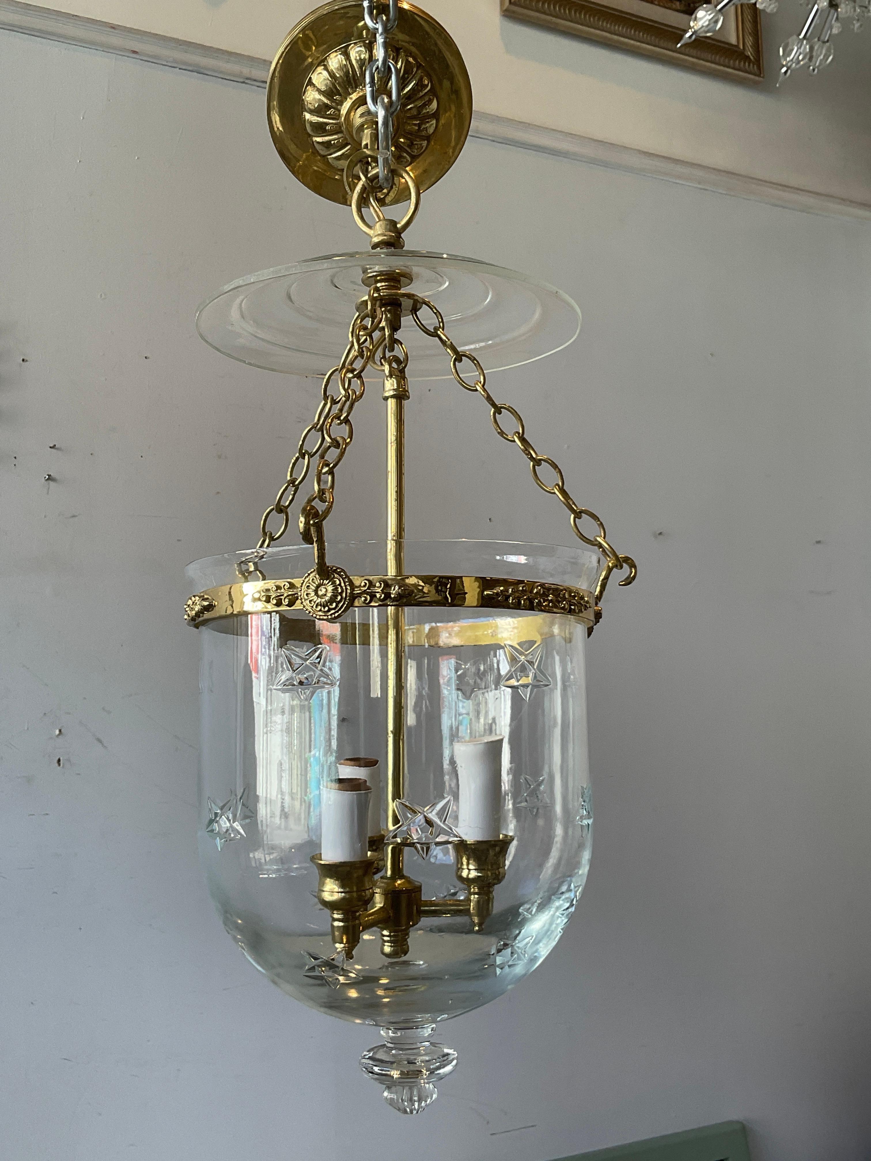 Brass And Glass Bell Jar Star Lantern In Good Condition For Sale In Tarrytown, NY