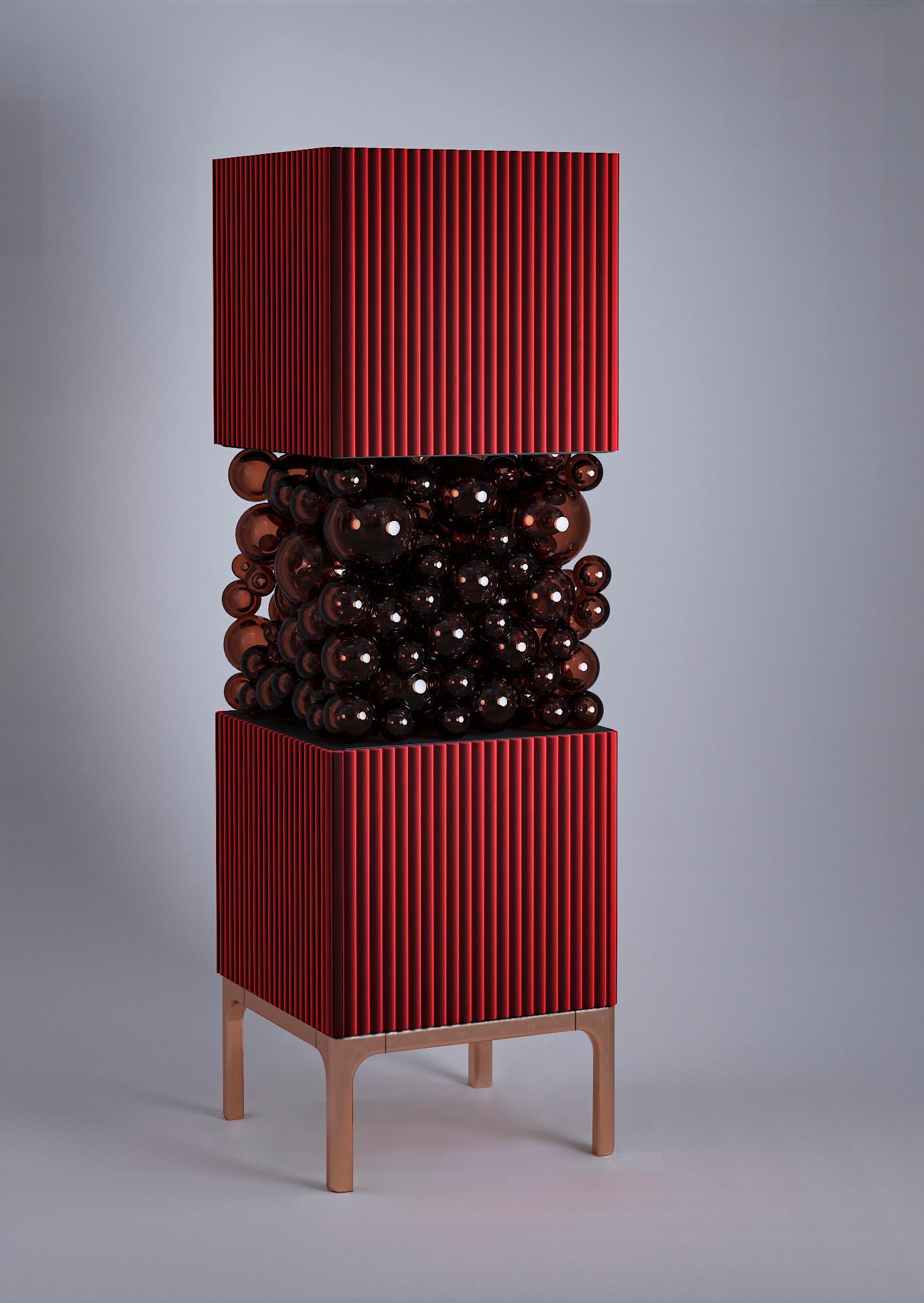 Brass And Glass Bubbles Decorative Cabinet by PANOPTIKUM COLLECTIONS
Dimensions: D 55 x W 55 x H 190 cm.
Materials: MDF, brass, glass, and LED lighting.

The “Bubbles collection” is an example of an emotional design that appeals to our inner child.