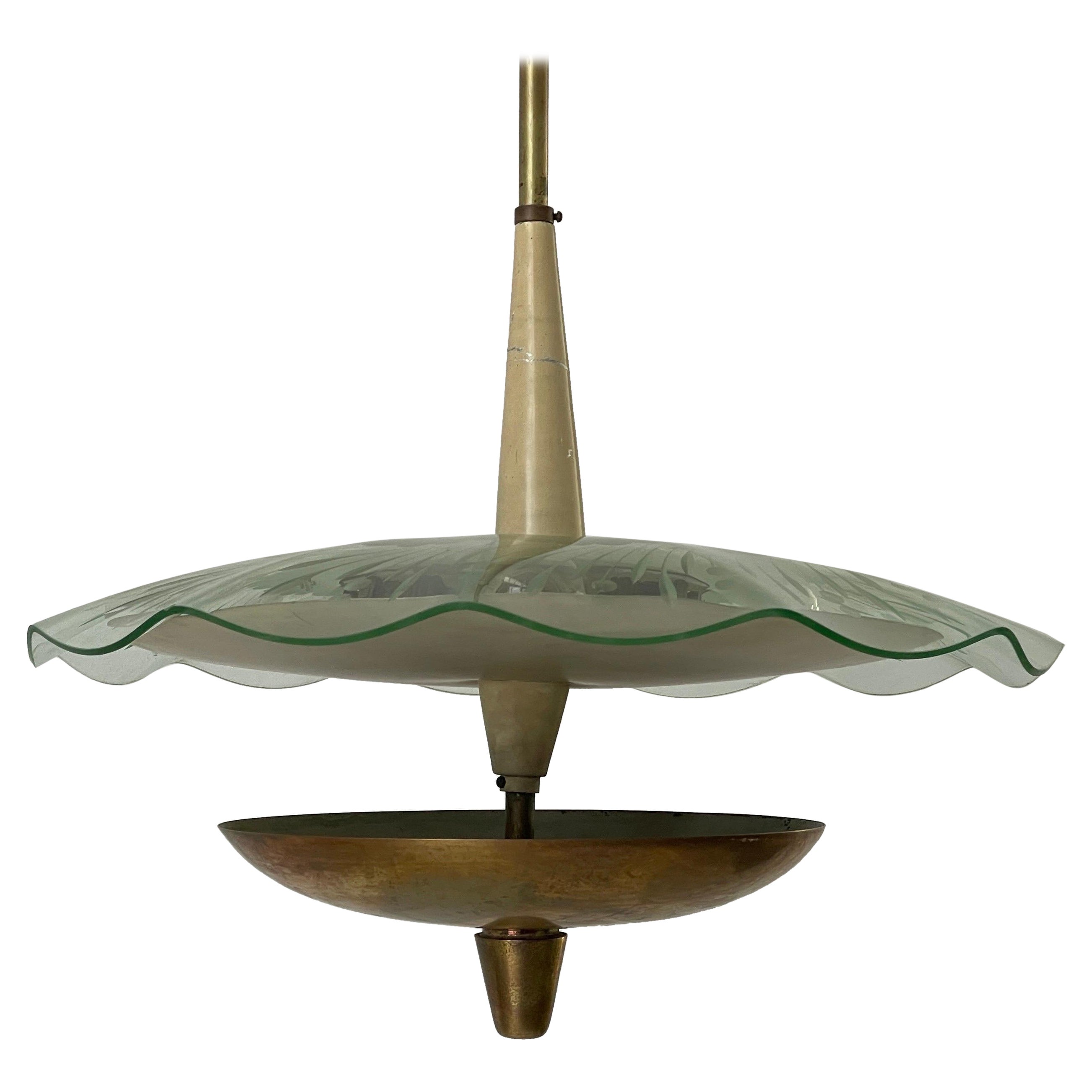 Lampada da soffitto in ottone e vetro, attribuita a Pietro Chiesa, anni '50, Italia