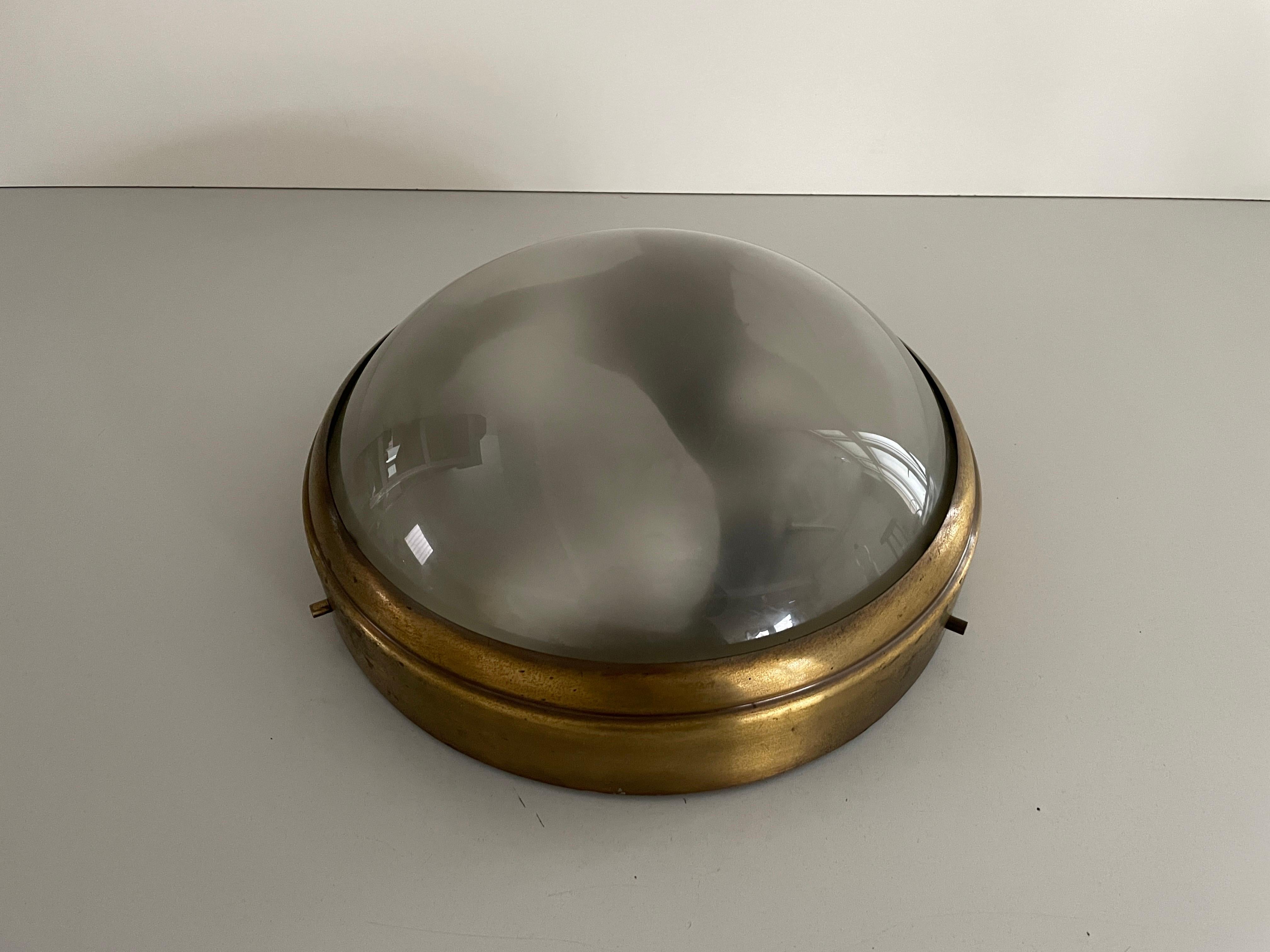 Italian Brass and Glass Ceiling Lamp Flush Mount, 1960s, Italy For Sale