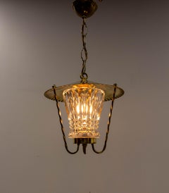 Brass and Glass Ceiling Lamp Lustre French Lantern, circa 1960