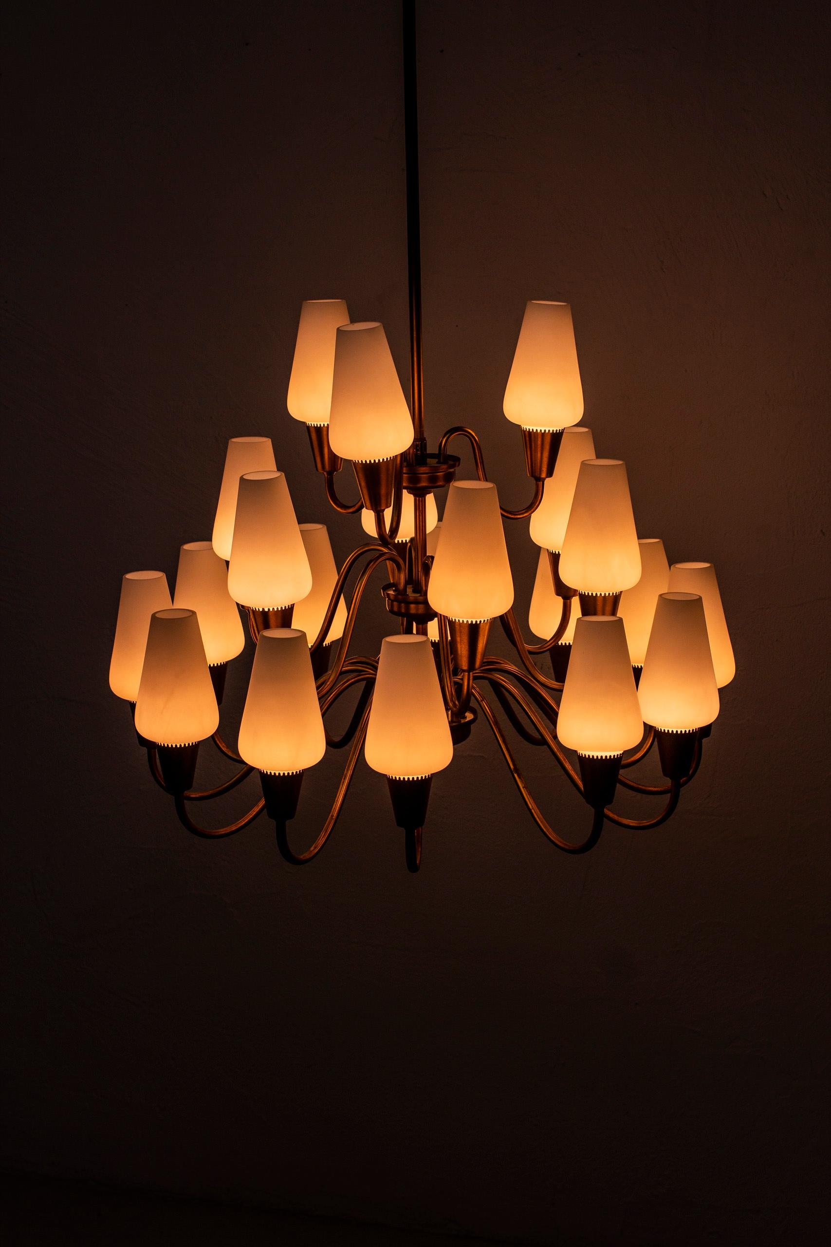 Brass and Glass Chandelier by Arnold Wiigs Fabrikker, Norway, 1940s 4