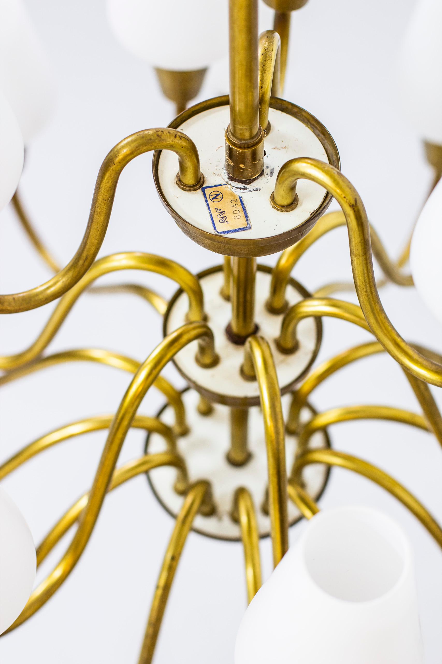 Brass and Glass Chandelier by Arnold Wiigs Fabrikker, Norway, 1940s 5