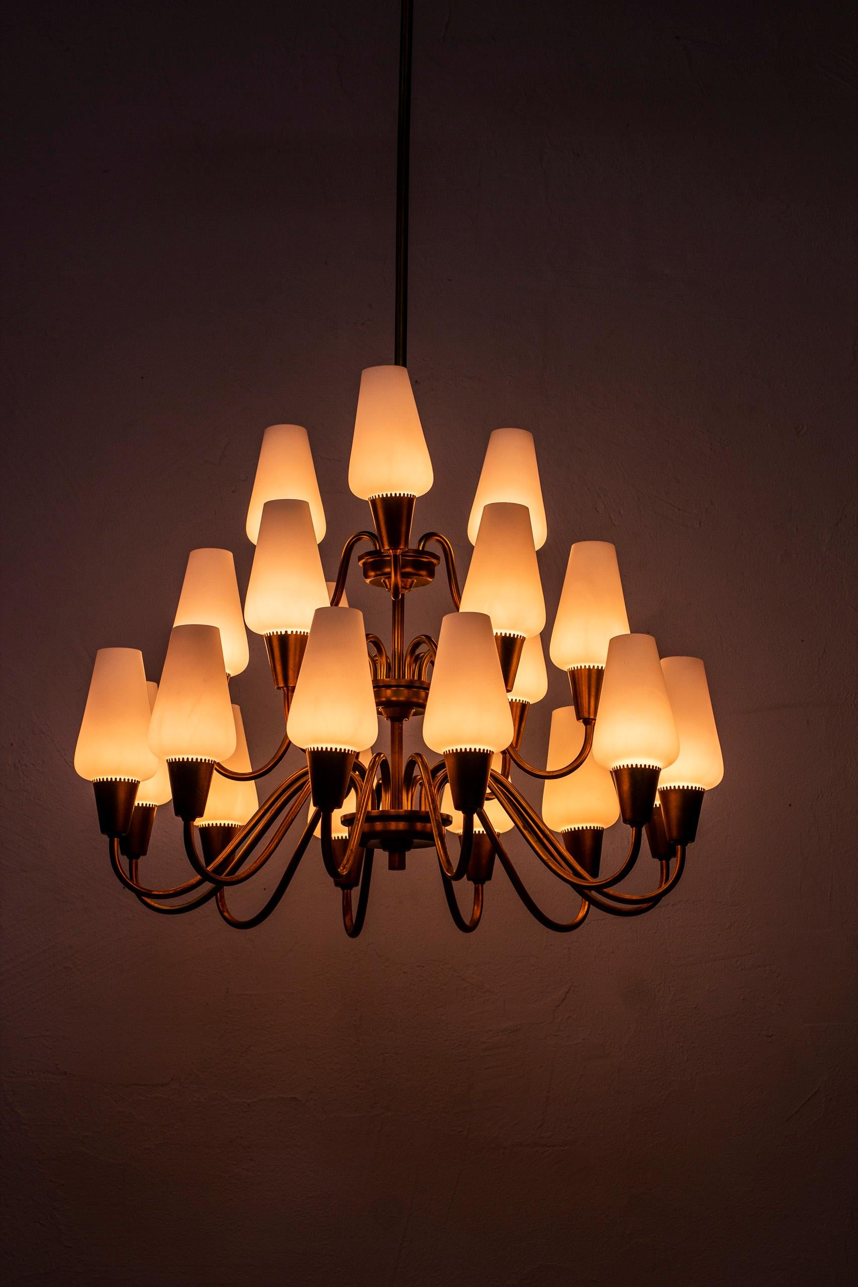 Scandinavian Modern Brass and Glass Chandelier by Arnold Wiigs Fabrikker, Norway, 1940s