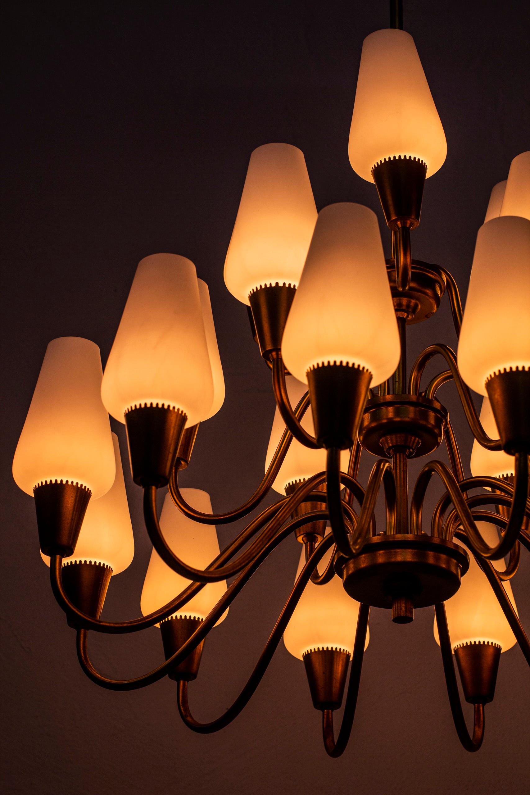 Swedish Brass and Glass Chandelier by Arnold Wiigs Fabrikker, Norway, 1940s