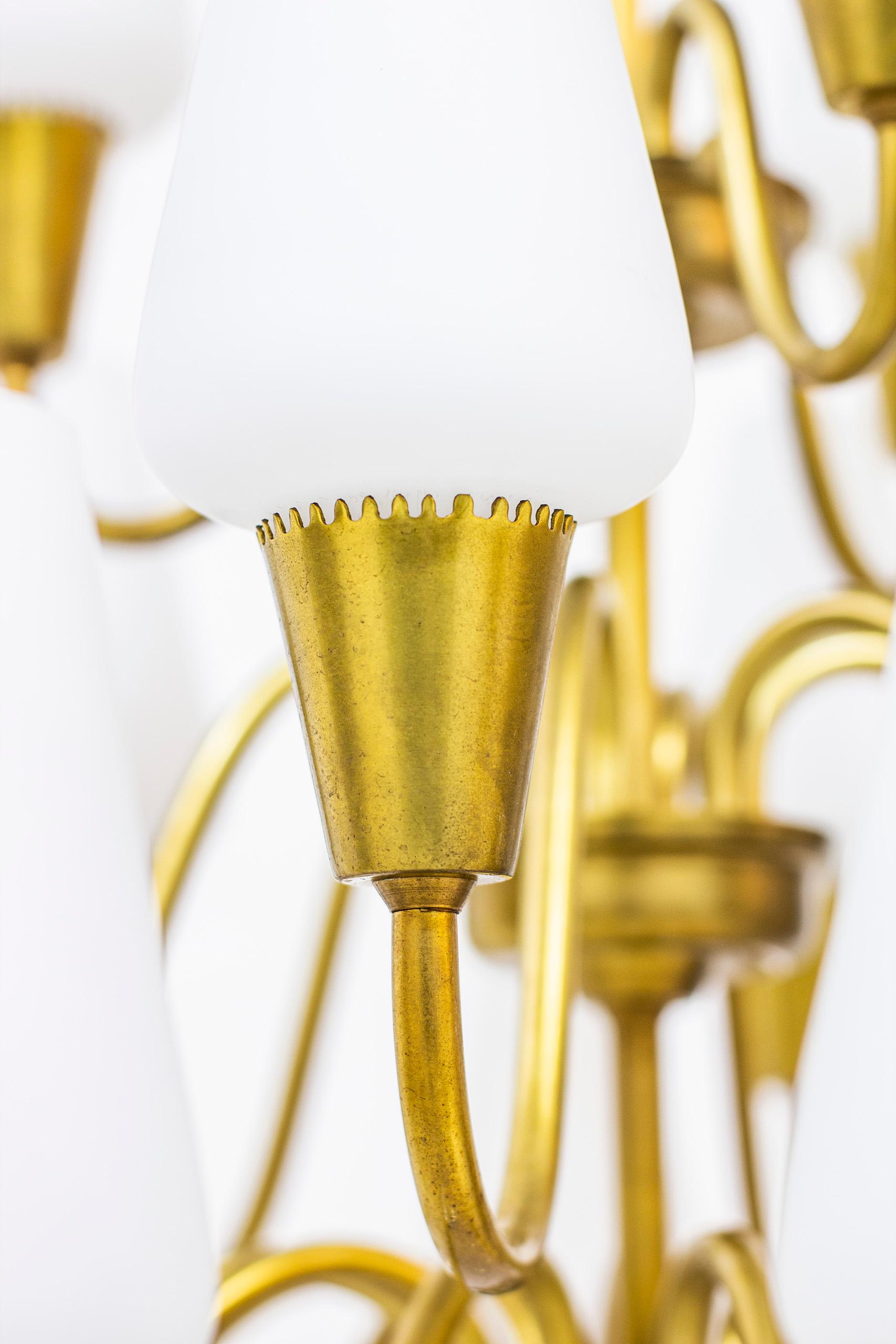 Mid-20th Century Brass and Glass Chandelier by Arnold Wiigs Fabrikker, Norway, 1940s
