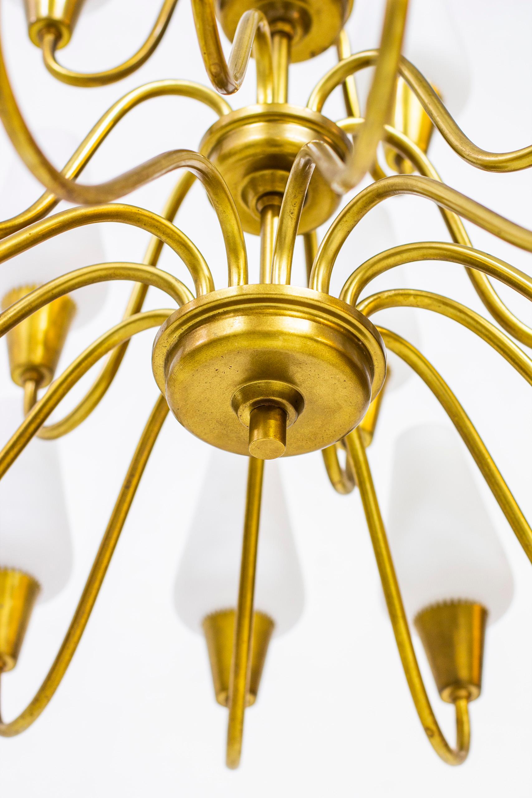 Brass and Glass Chandelier by Arnold Wiigs Fabrikker, Norway, 1940s 1