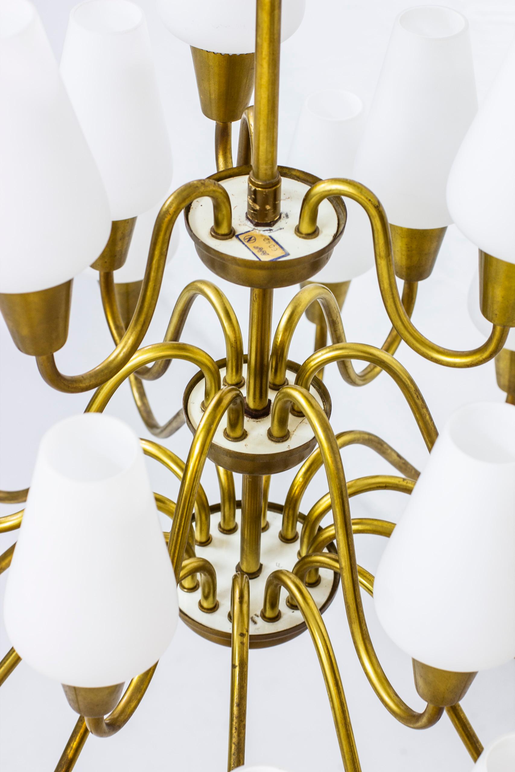 Brass and Glass Chandelier by Arnold Wiigs Fabrikker, Norway, 1940s 2