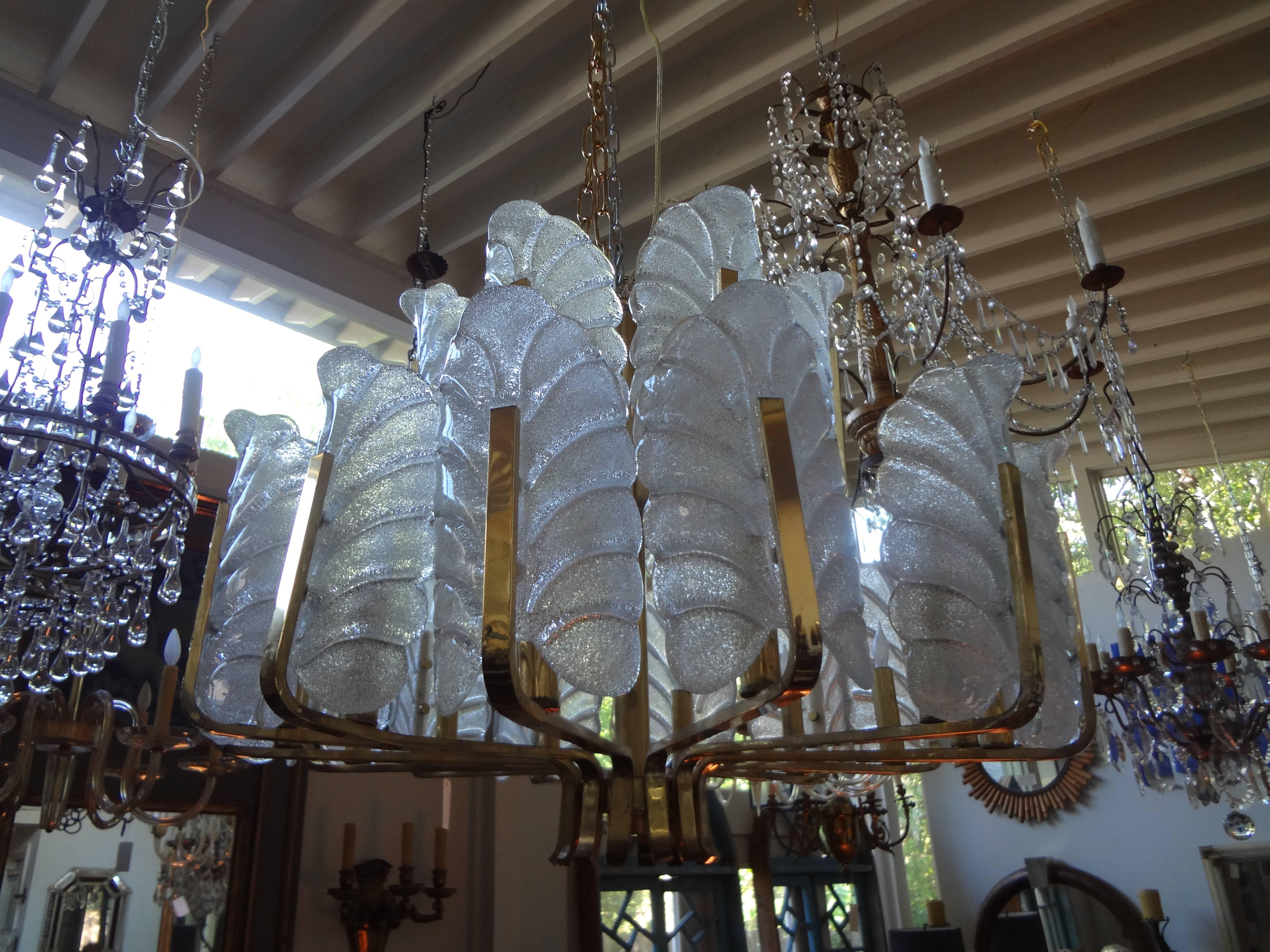 Mid-20th Century Large Glass and Brass Chandelier by Carl Fagerlund for Orrefors For Sale