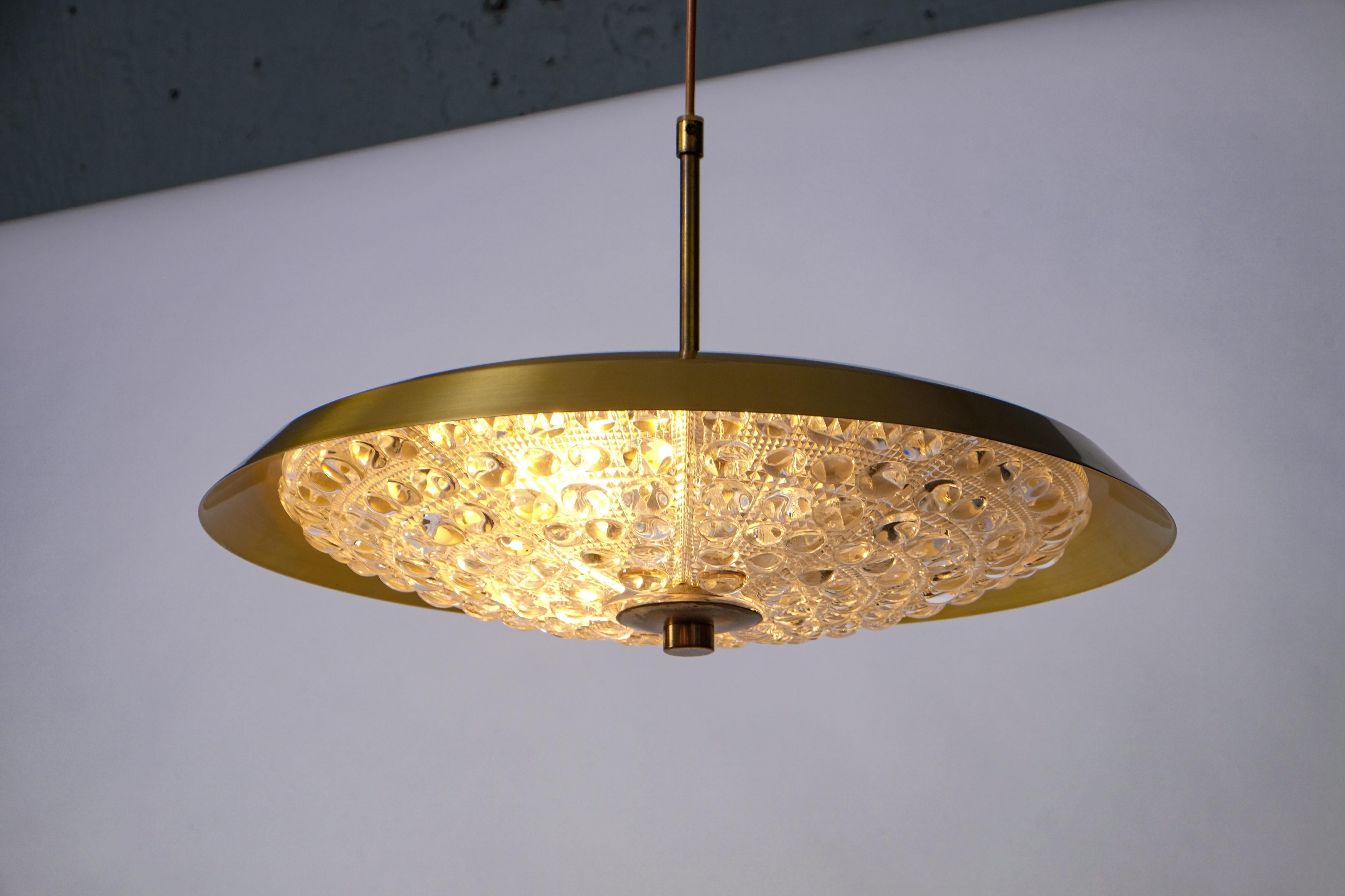 Mid-20th Century Brass and Glass Chandelier by Carl Fagerlund, Orrefors, 1960s For Sale