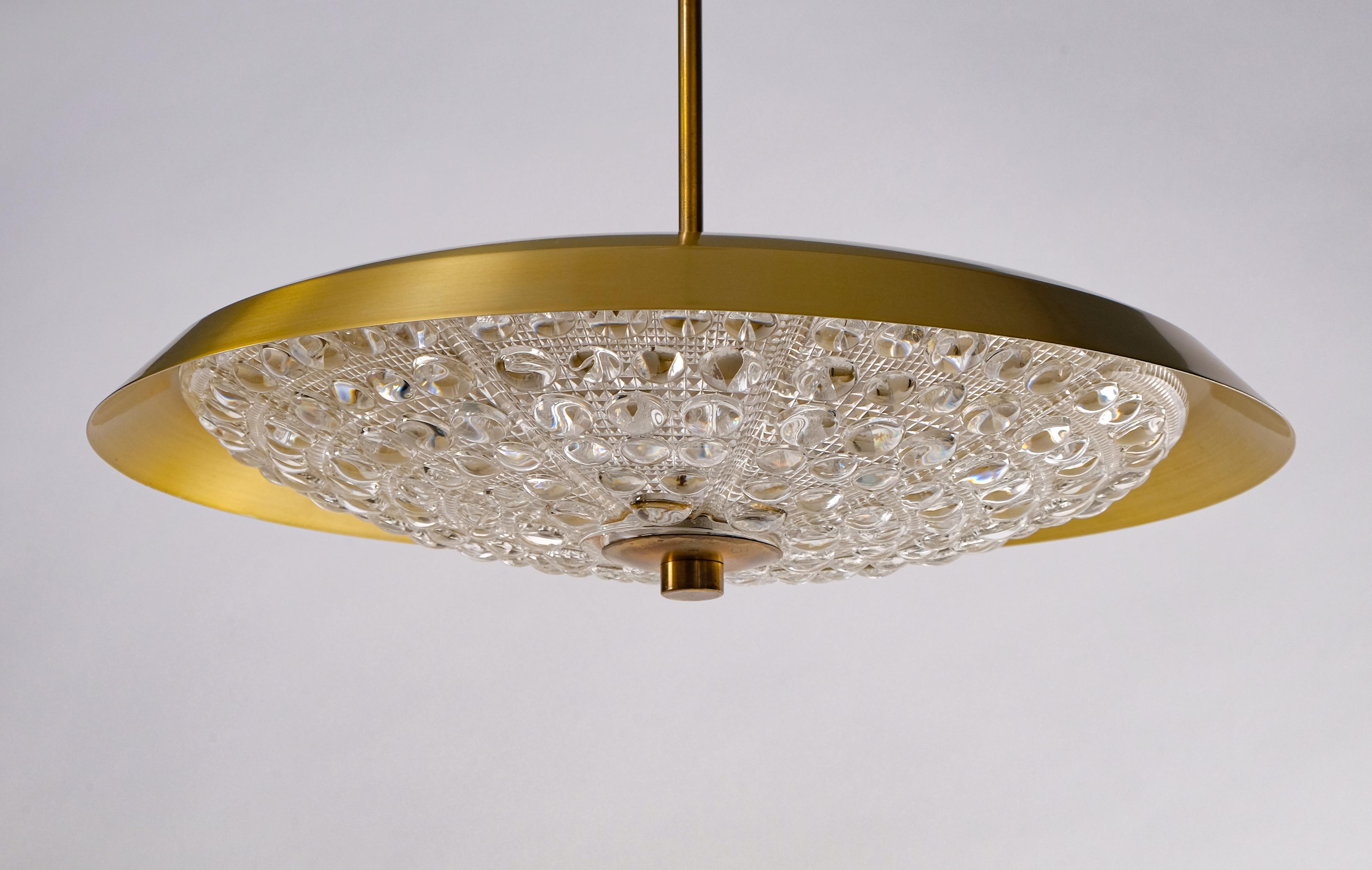 Brass and Glass Chandelier by Carl Fagerlund, Orrefors, 1960s For Sale 1