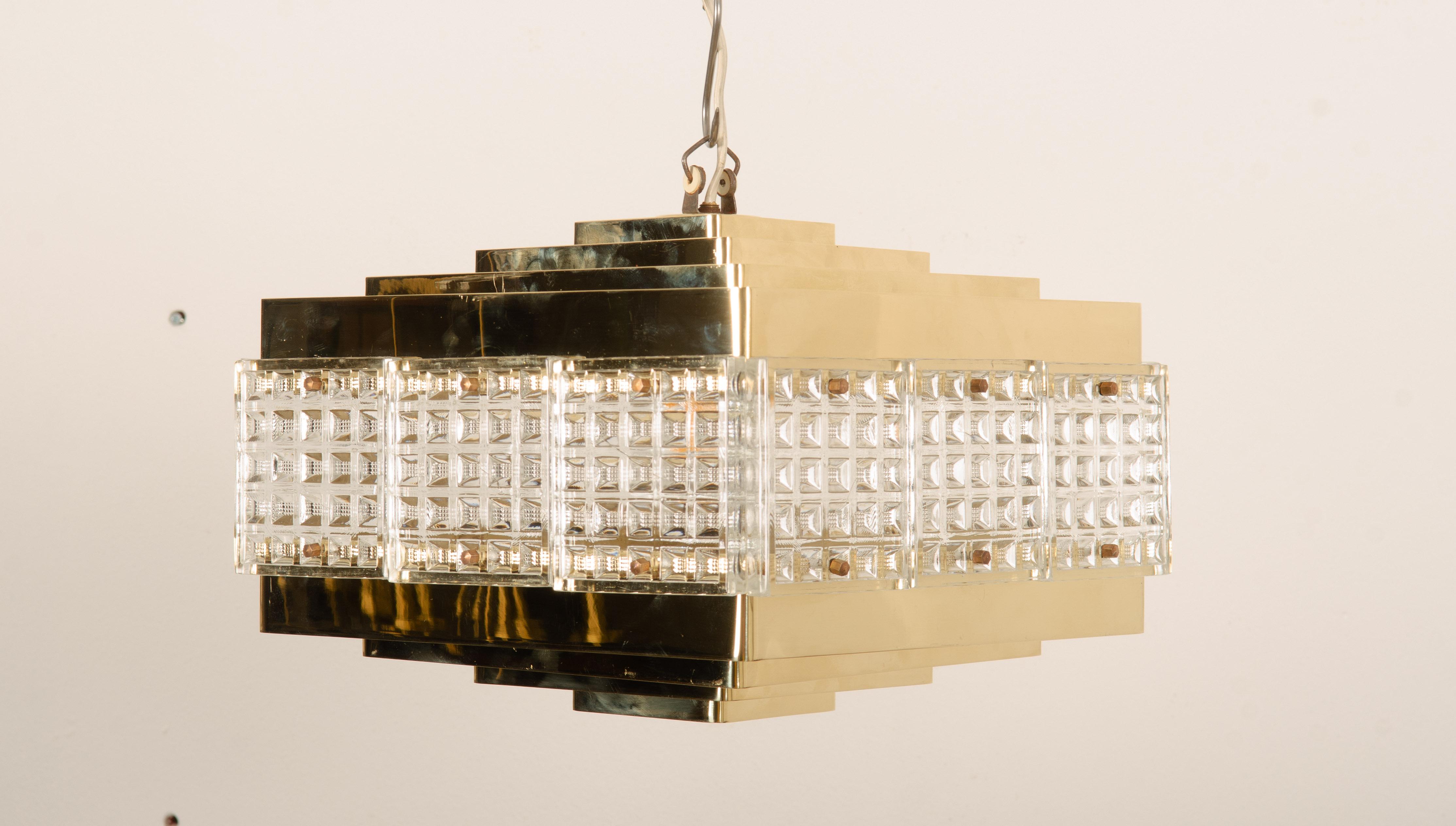 Brass and Glass Chandelier by Orrefors from the 1960s For Sale 3