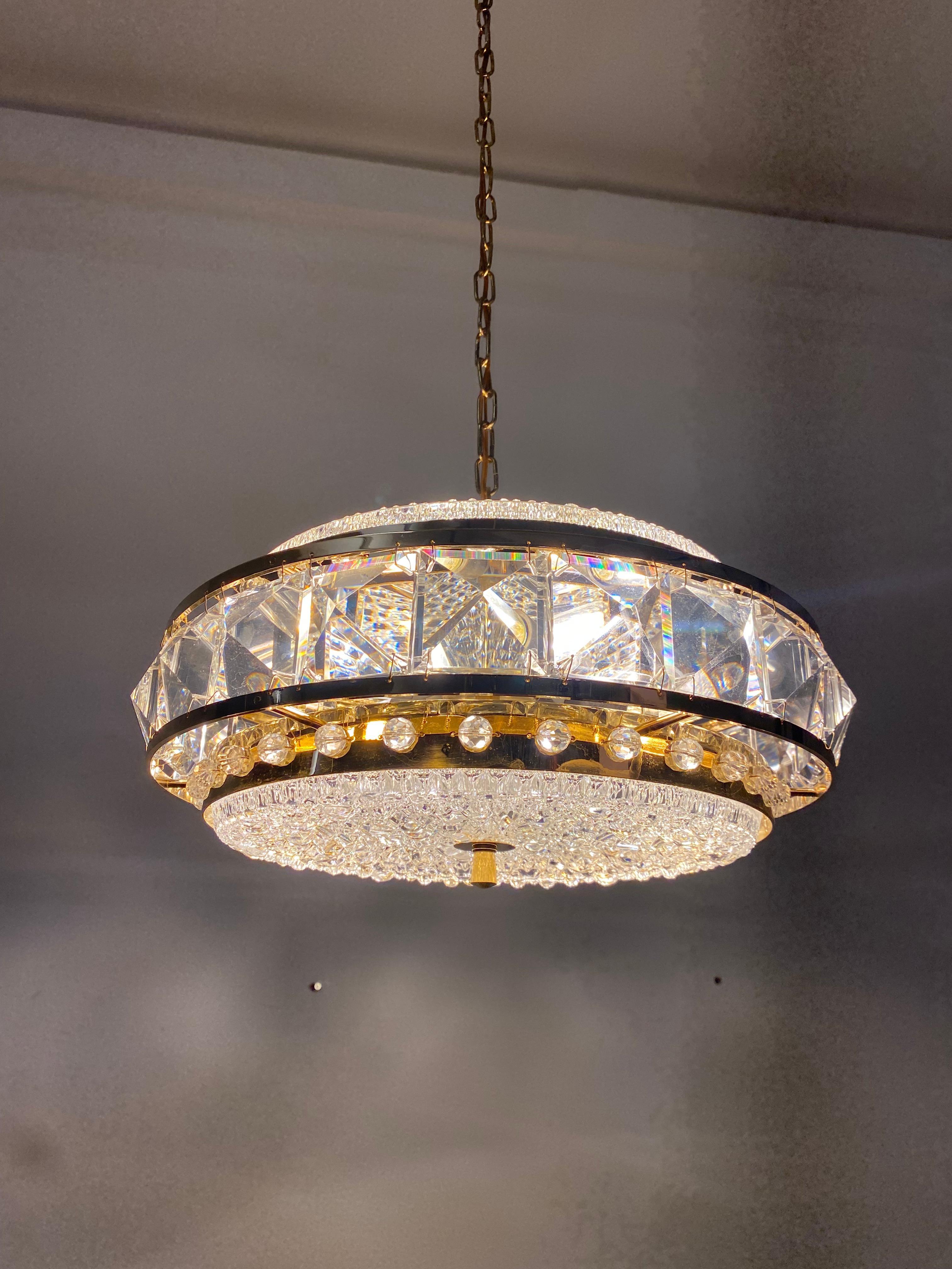 Brass and Glass Chandelier by Orrefors from the 1960s For Sale 4