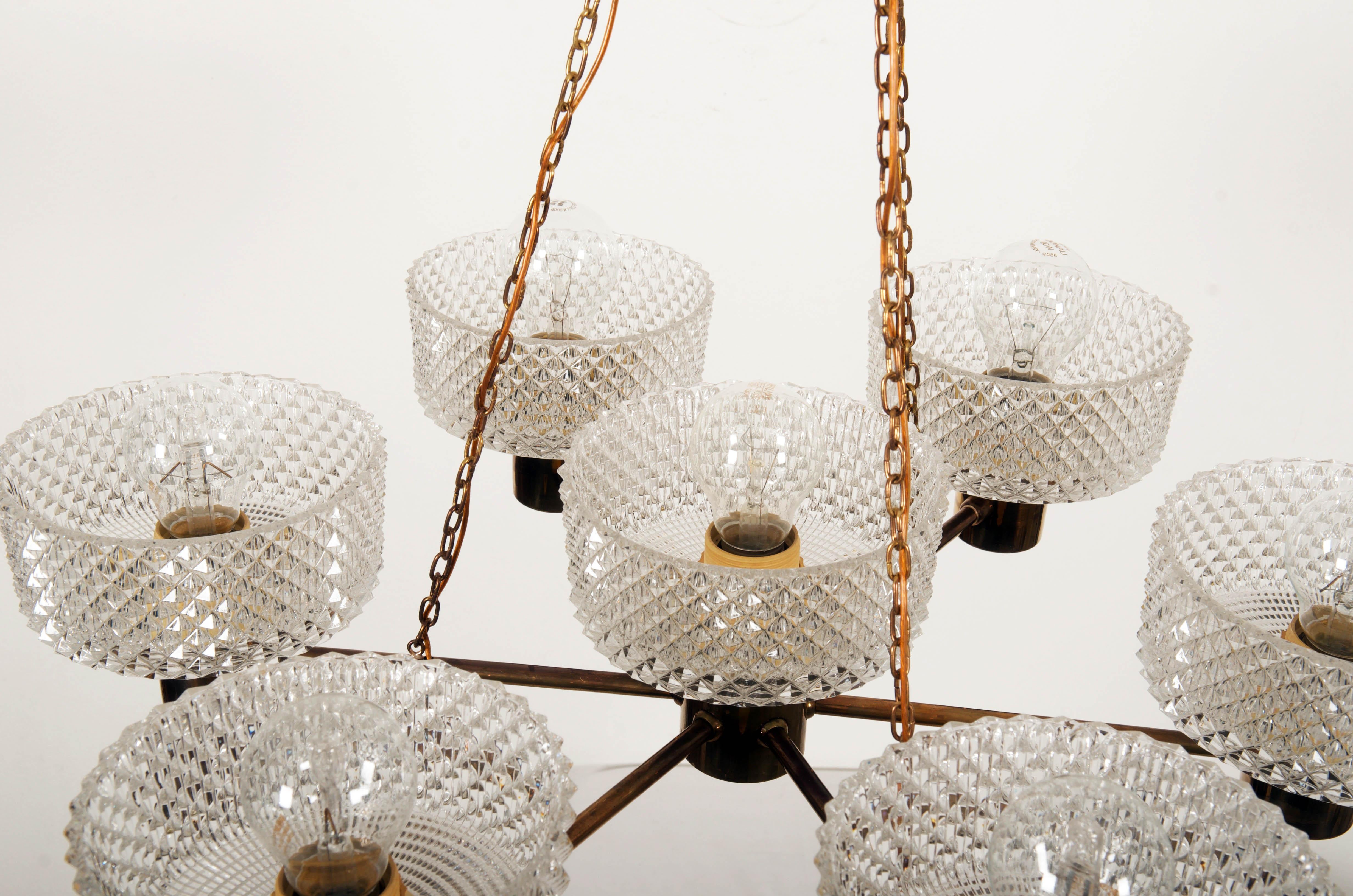 Brass and Glass Chandelier by Orrefors from the 1960s For Sale 4