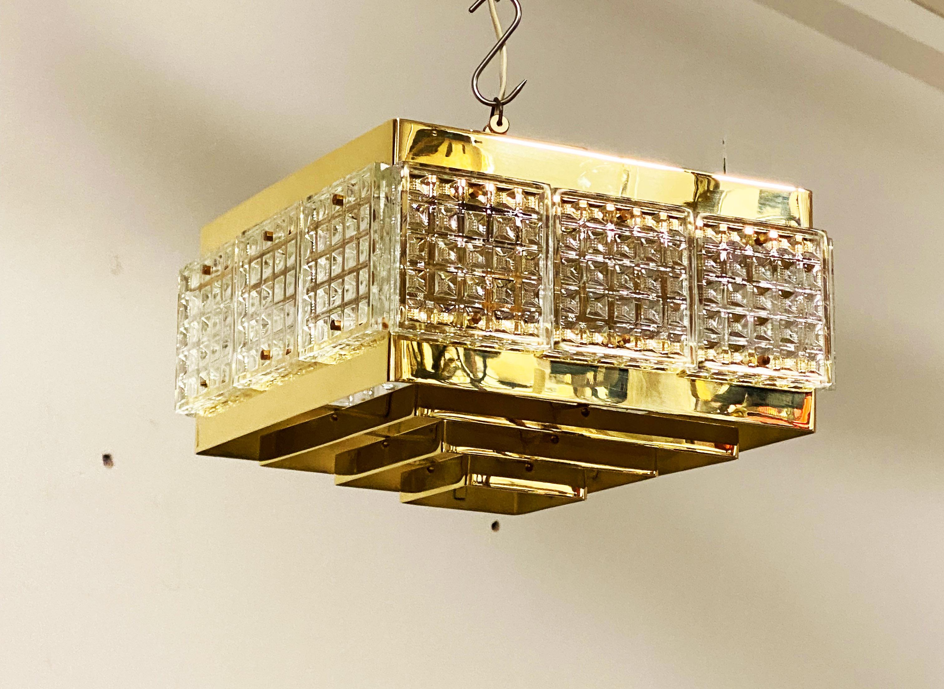 Brass and Glass Chandelier by Orrefors from the 1960s For Sale 5