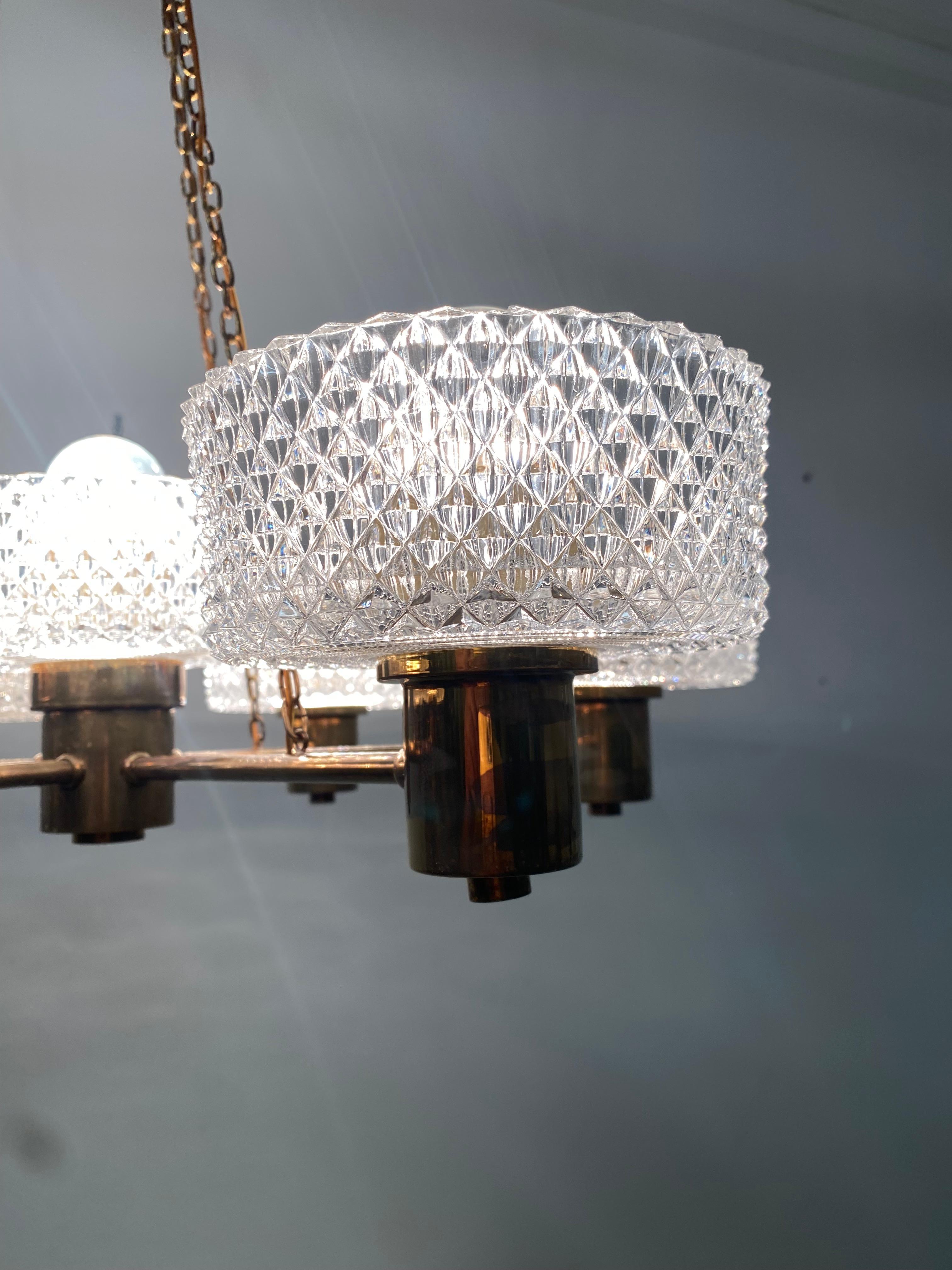 Brass and Glass Chandelier by Orrefors from the 1960s For Sale 5