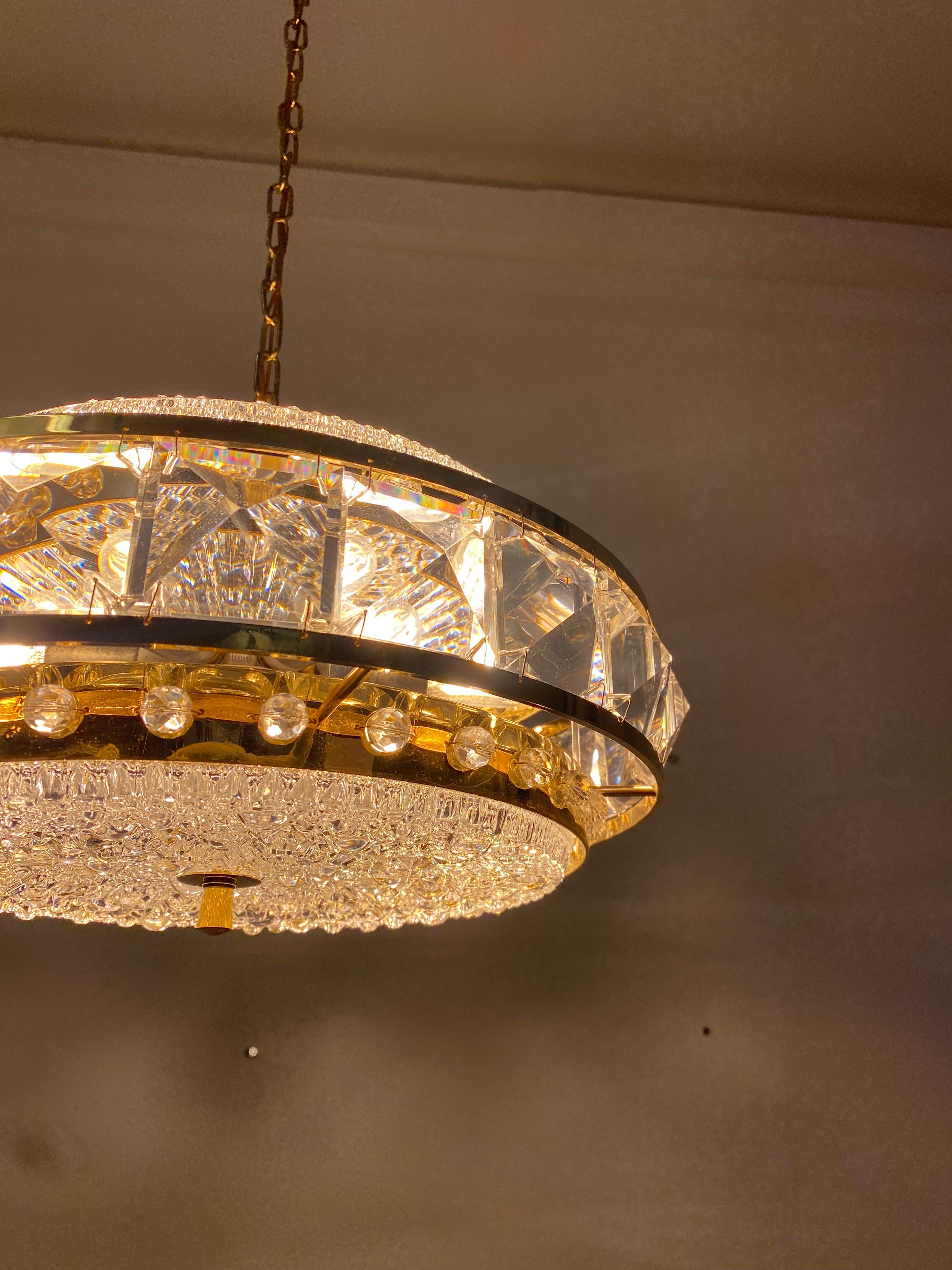 Brass and Glass Chandelier by Orrefors from the 1960s For Sale 6