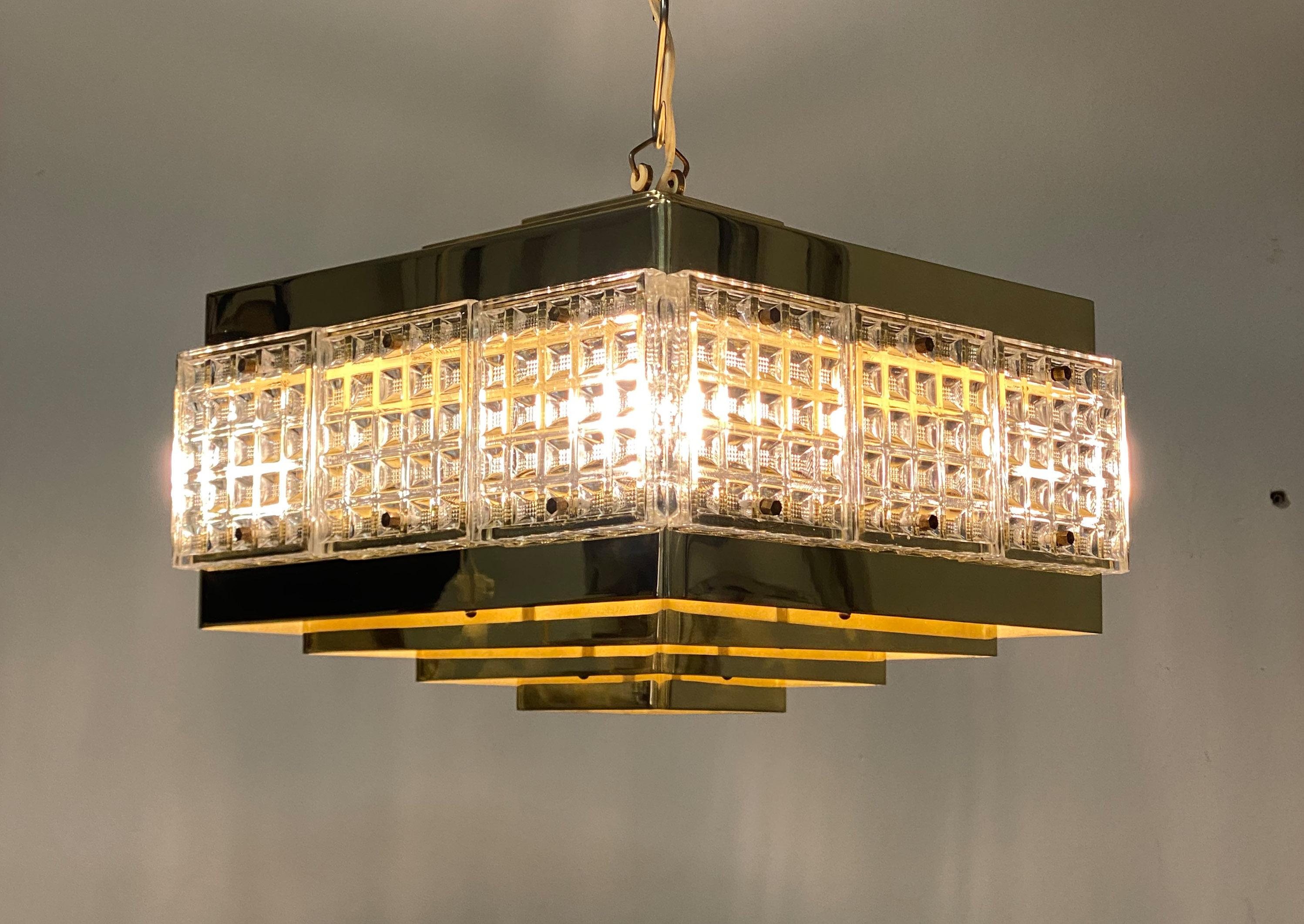 Brass and Glass Chandelier by Orrefors from the 1960s For Sale 7