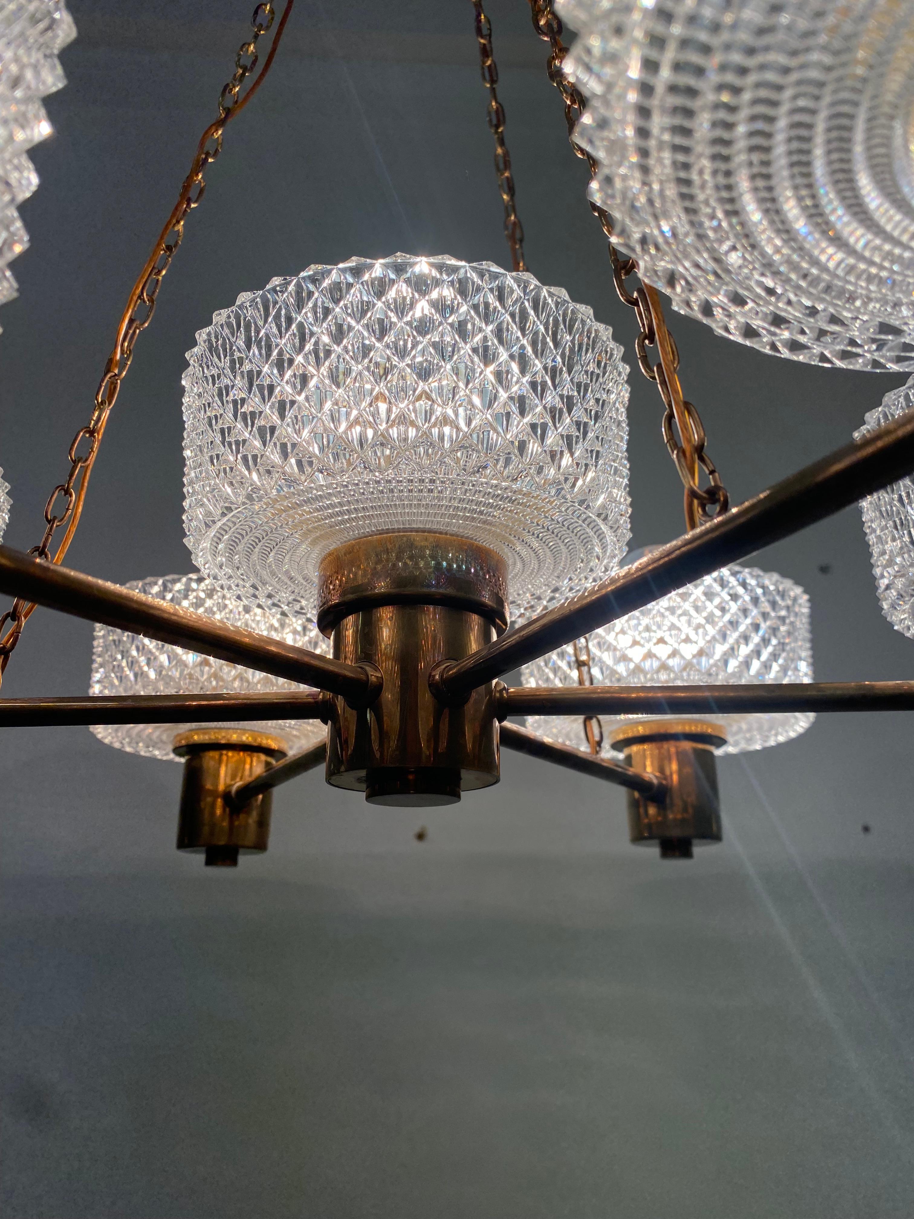 Brass and Glass Chandelier by Orrefors from the 1960s For Sale 7