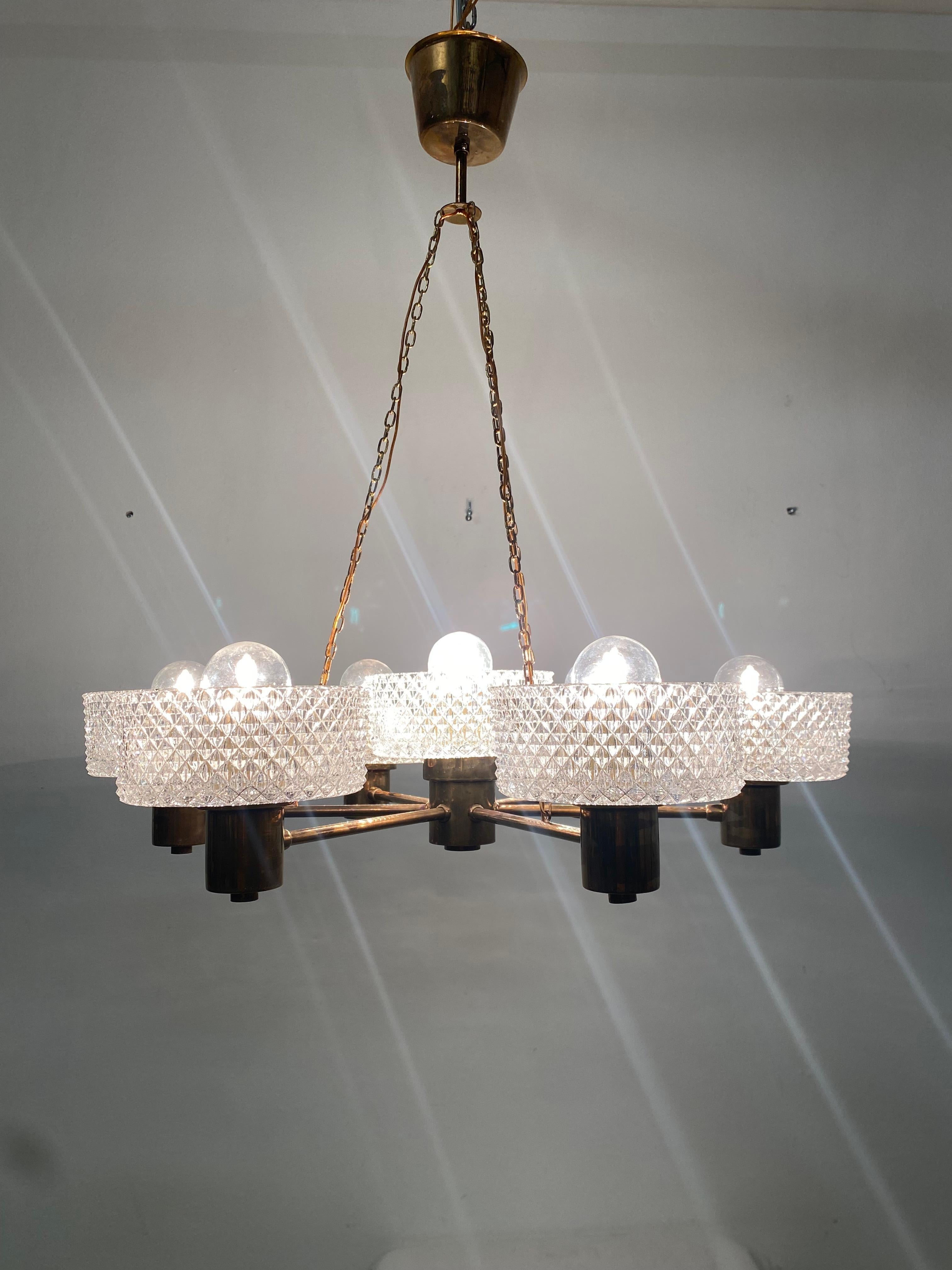 Brass and Glass Chandelier by Orrefors from the 1960s For Sale 8