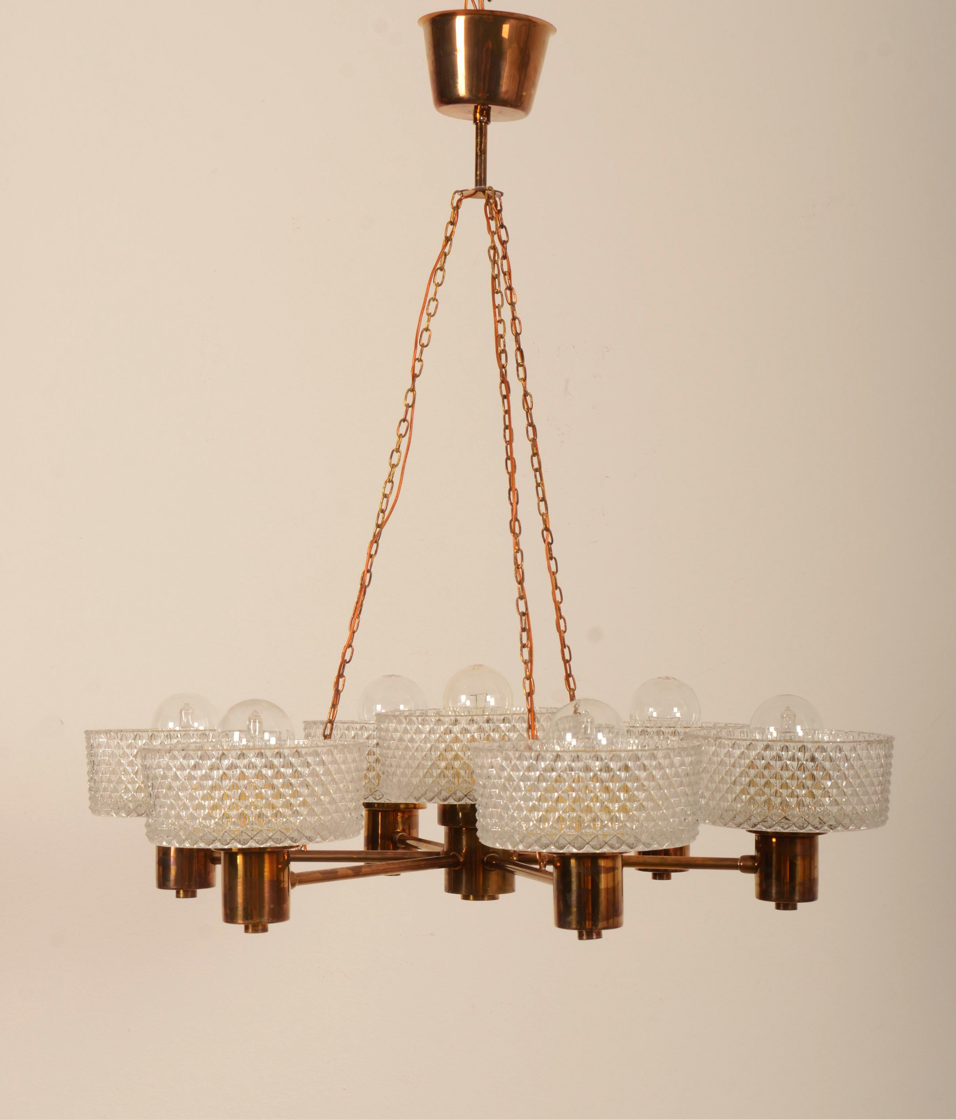 Scandinavian Modern Brass and Glass Chandelier by Orrefors from the 1960s For Sale