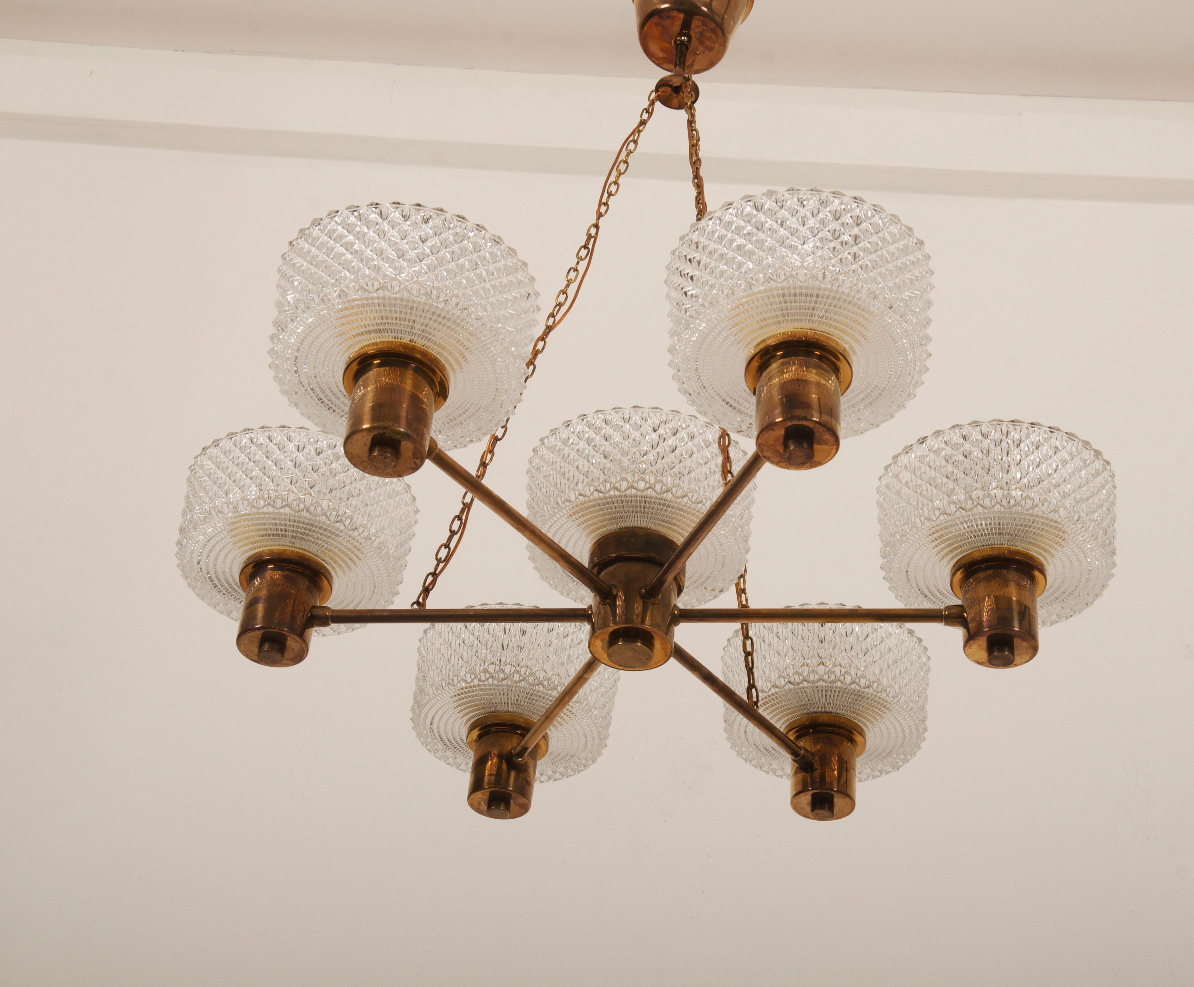 Swedish Brass and Glass Chandelier by Orrefors from the 1960s For Sale