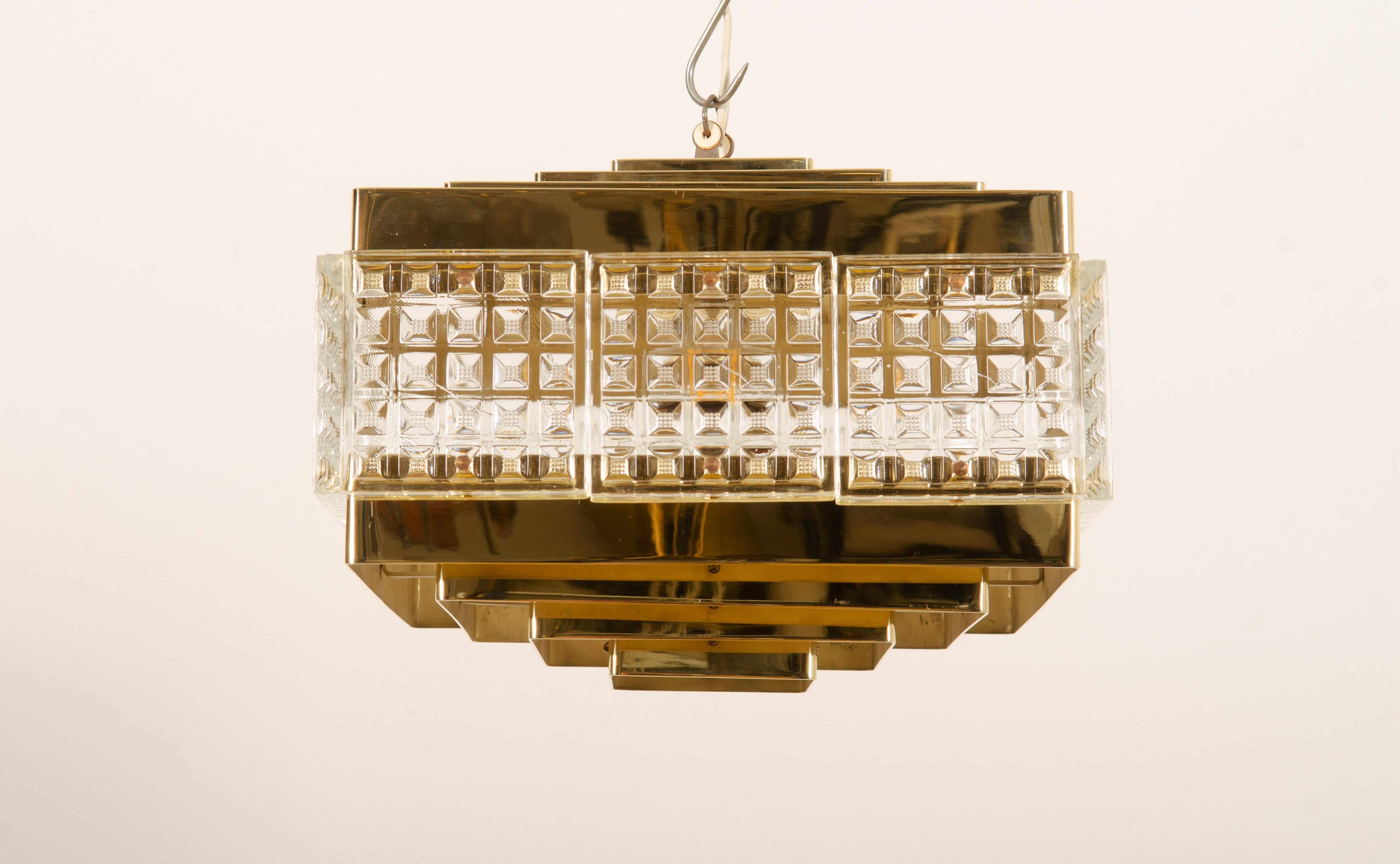Mid-20th Century Brass and Glass Chandelier by Orrefors from the 1960s For Sale