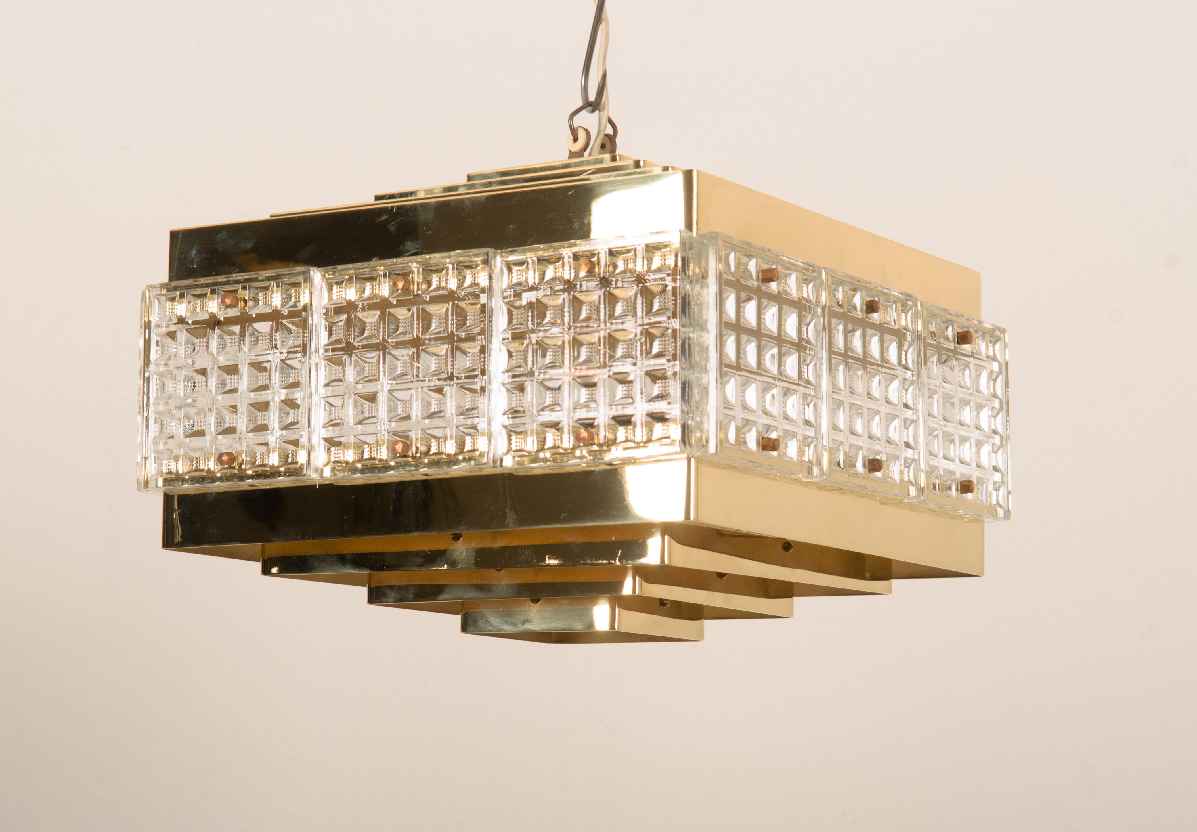 Brass and Glass Chandelier by Orrefors from the 1960s For Sale 1