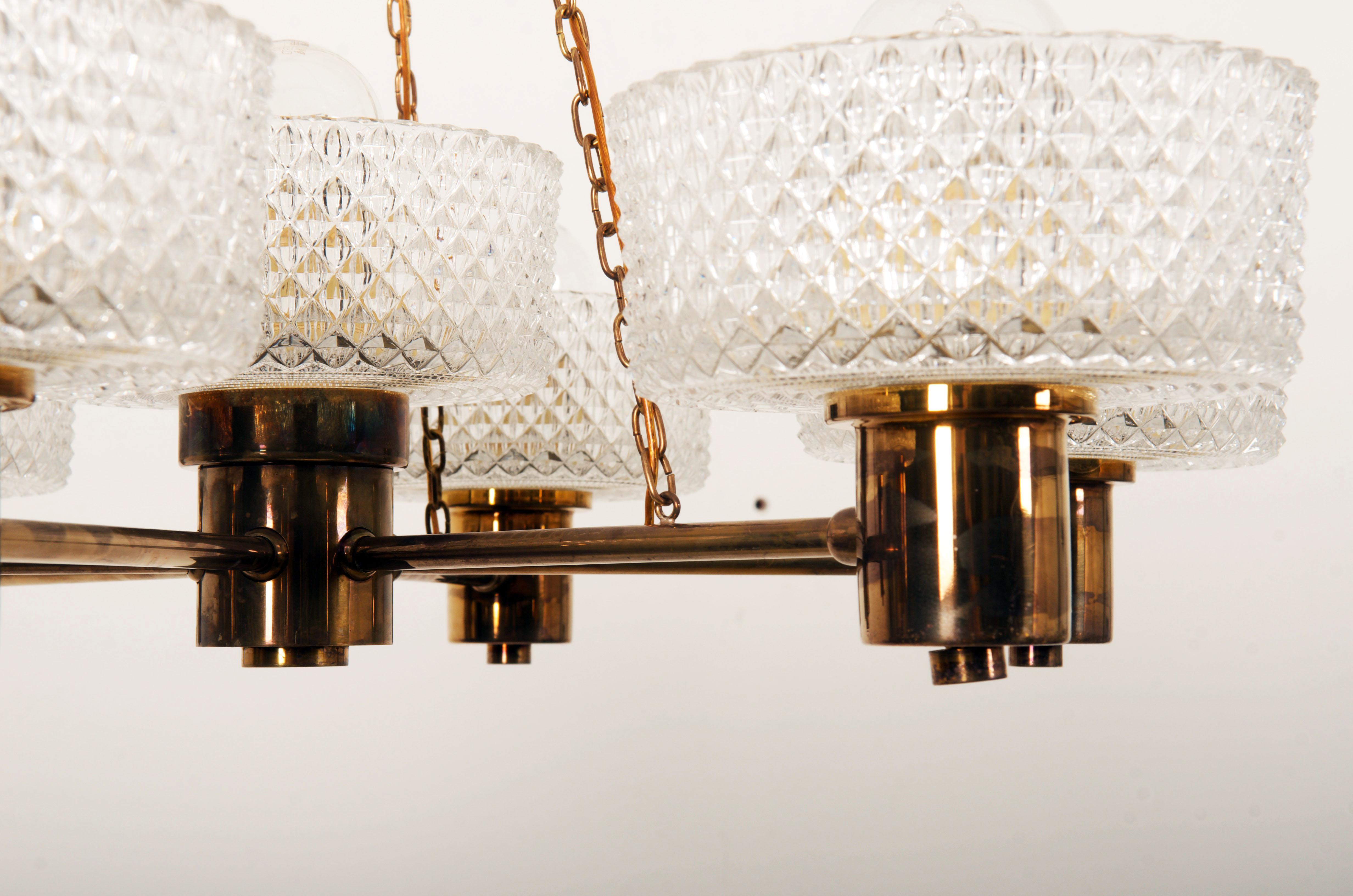 Brass and Glass Chandelier by Orrefors from the 1960s For Sale 1