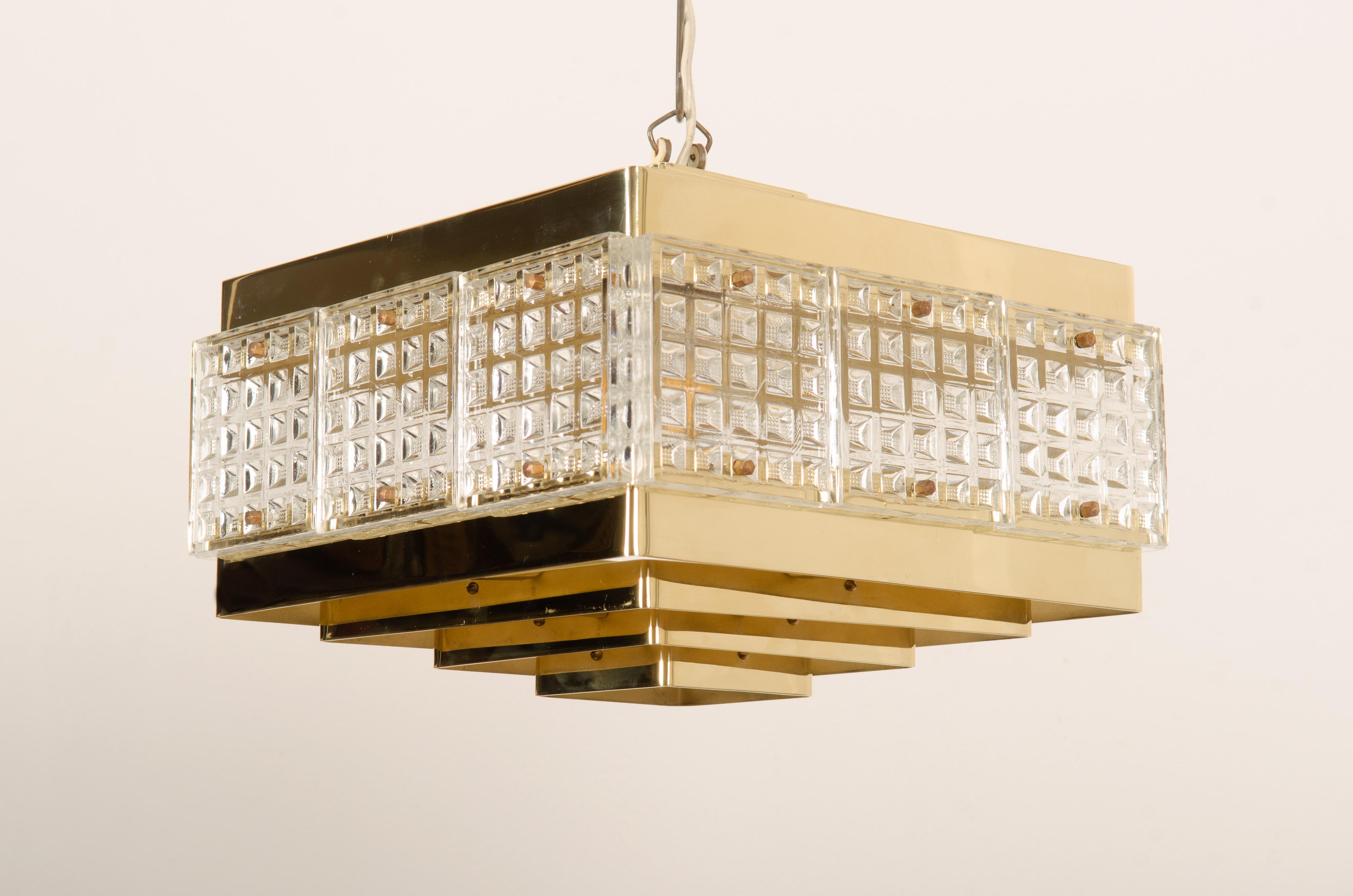 Brass and Glass Chandelier by Orrefors from the 1960s For Sale 2