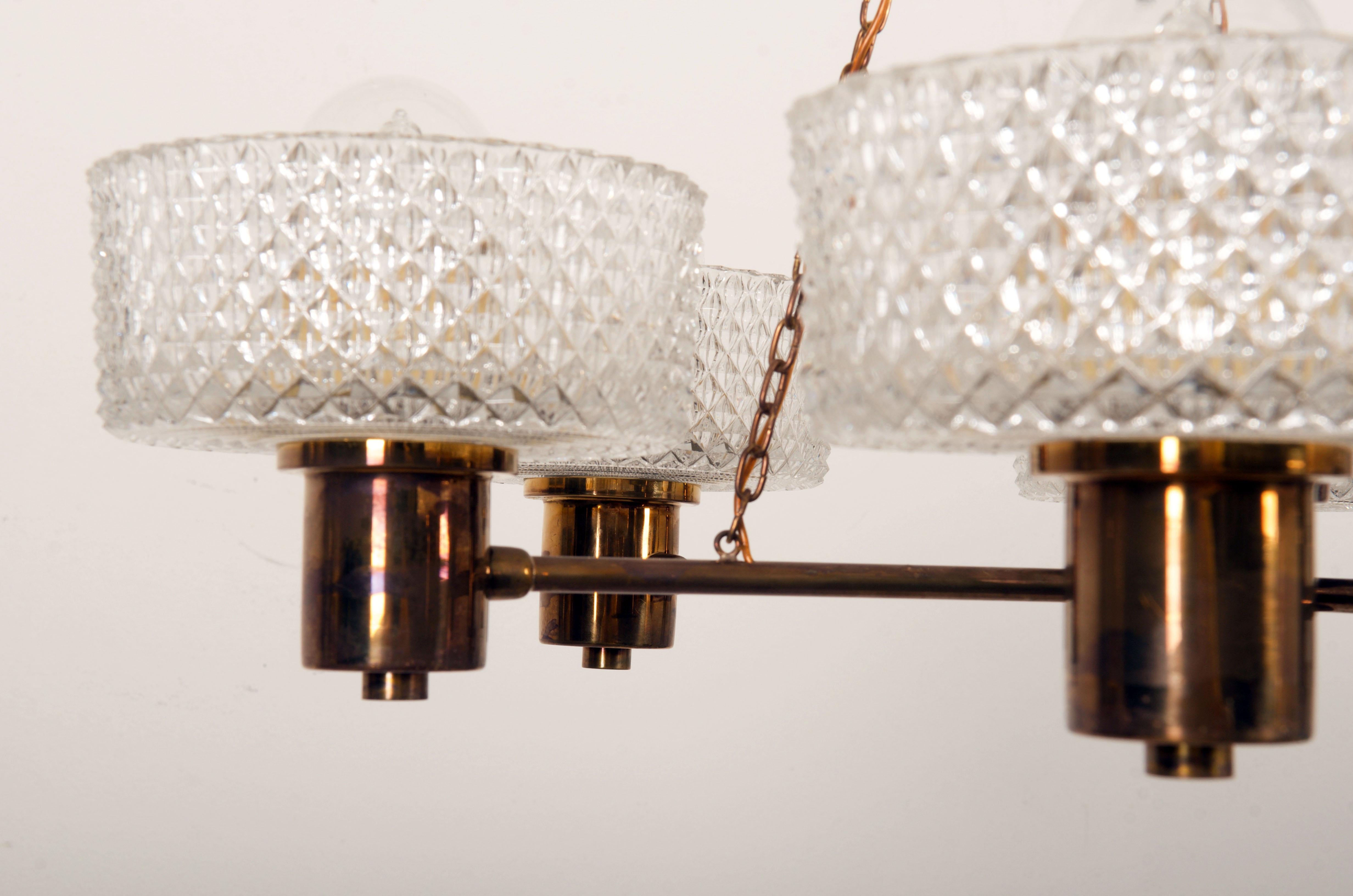 Brass and Glass Chandelier by Orrefors from the 1960s For Sale 2