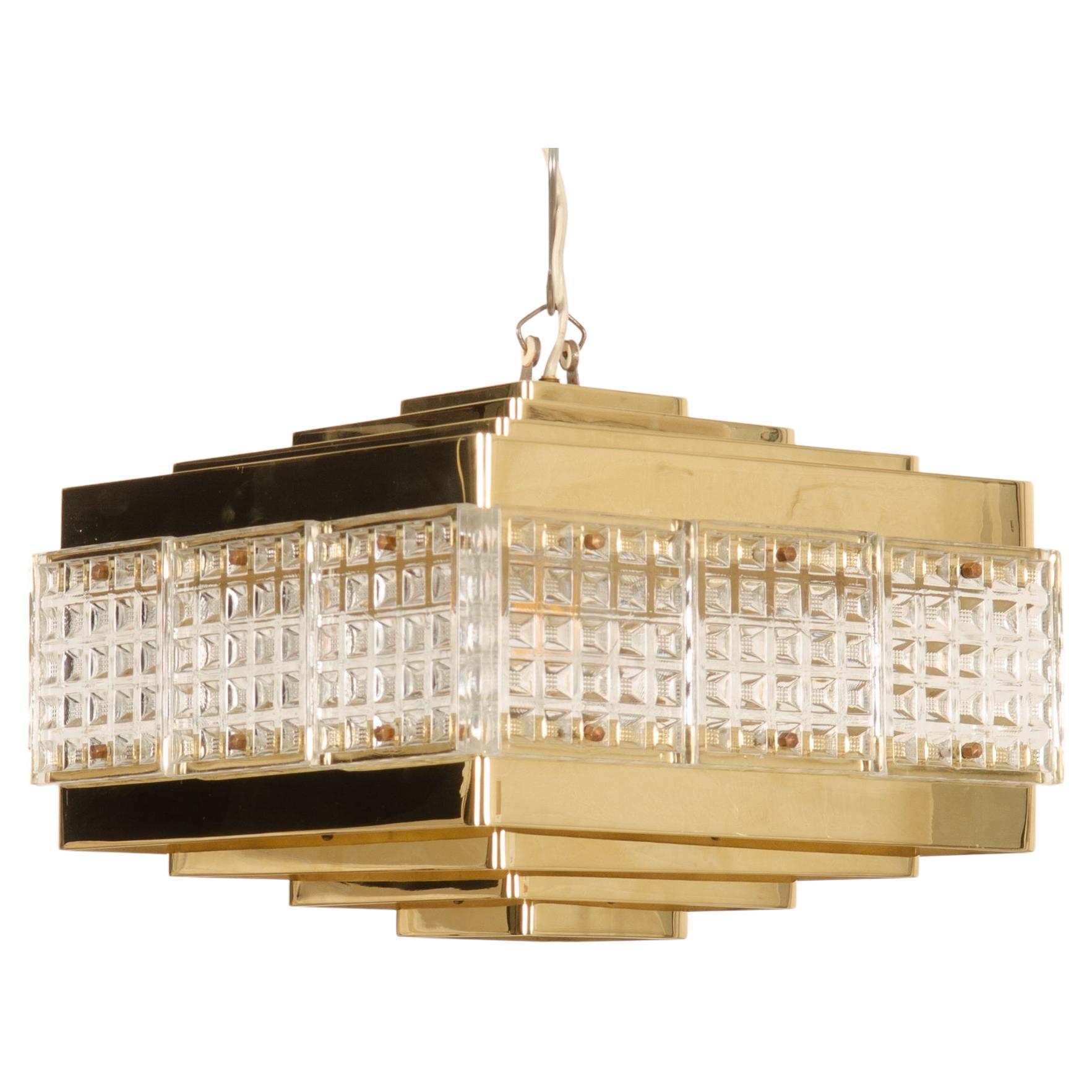 Brass and Glass Chandelier by Orrefors from the 1960s