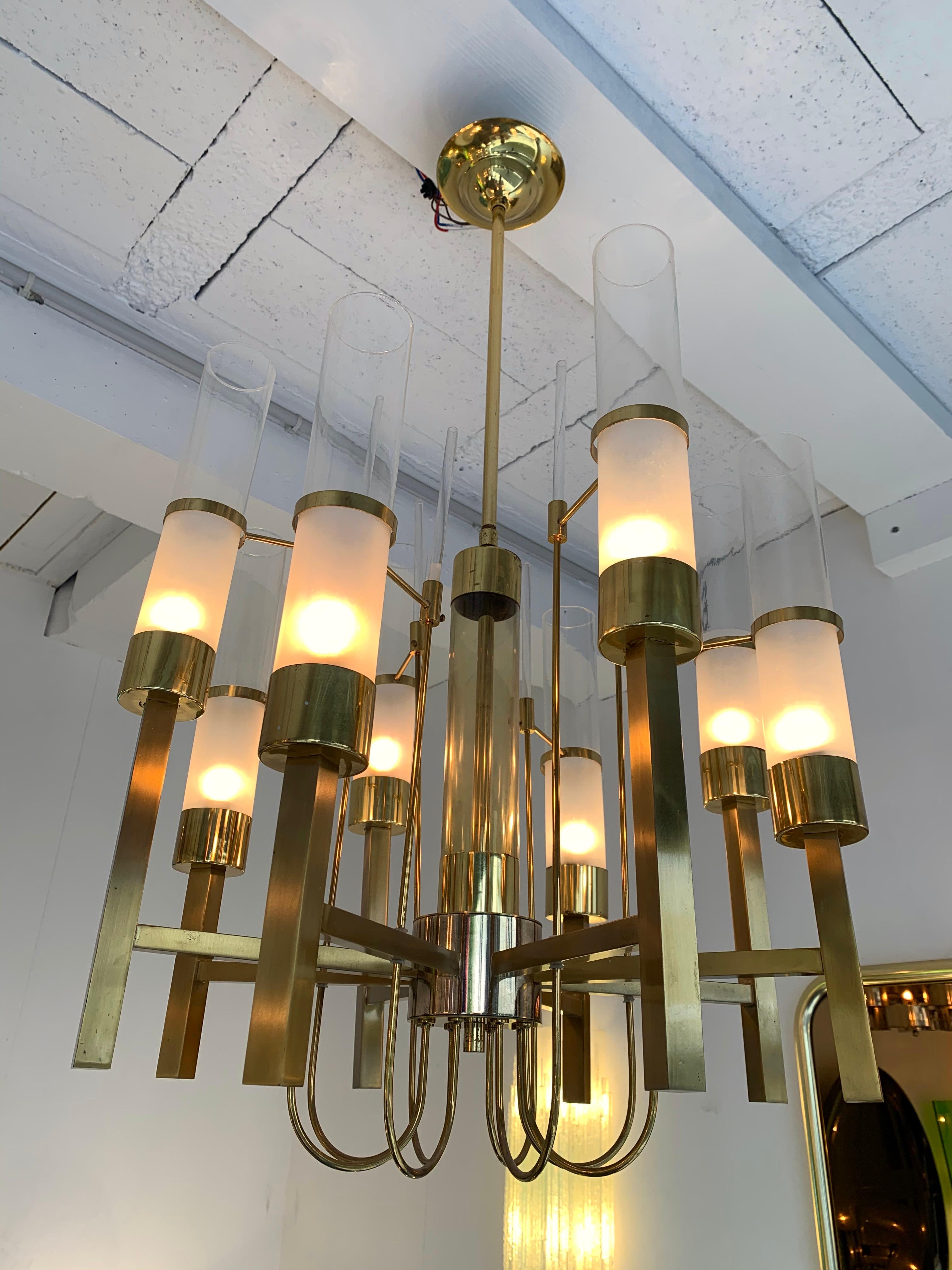 Chandelier ceiling pendant light fixture brass and frosted glass tube by Sciolari. Famous design like Reggiani, stilnovo, arteluce.