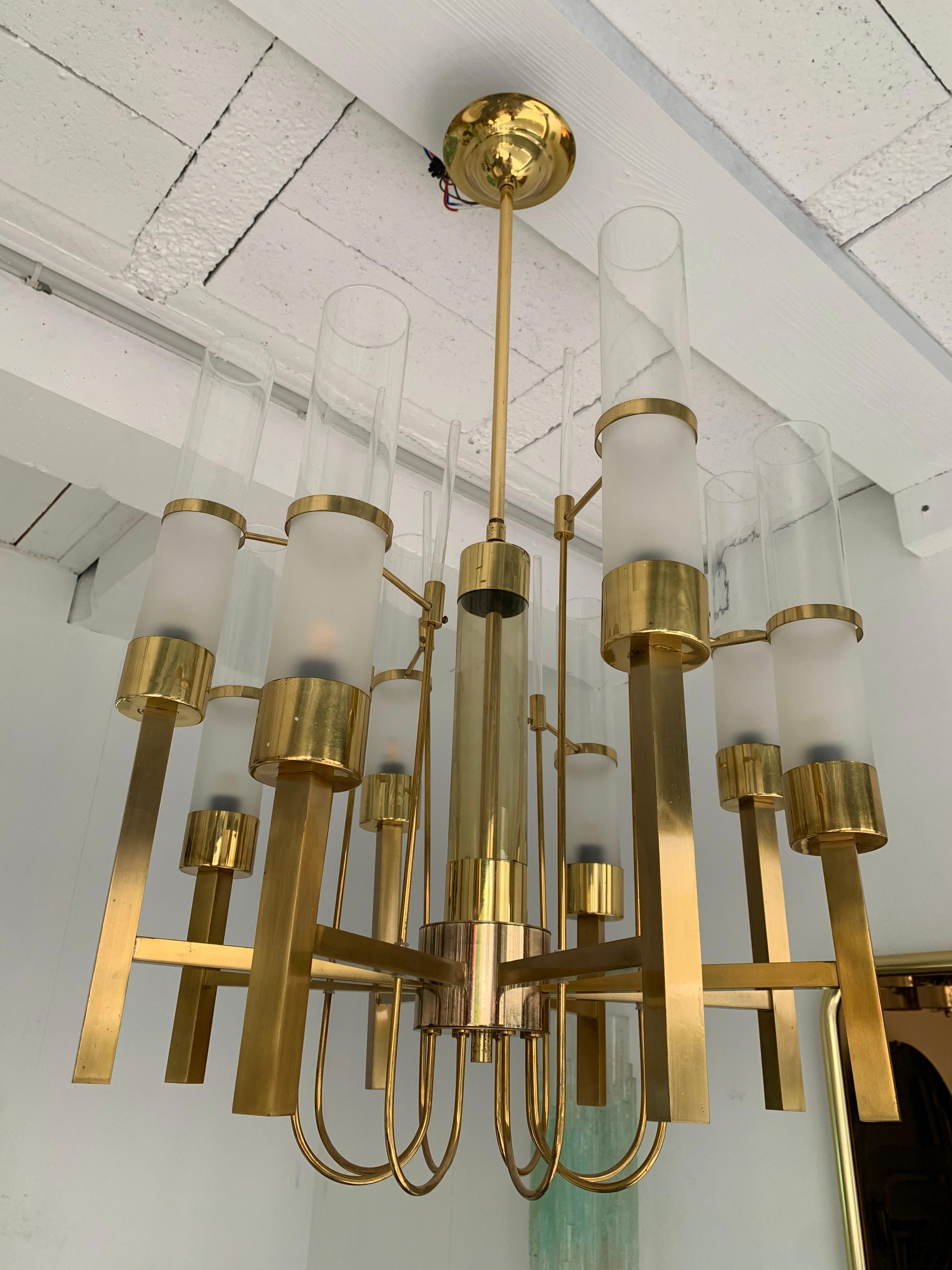 Brass and Glass Chandelier by Sciolari, Italy, 1960s In Good Condition In SAINT-OUEN, FR