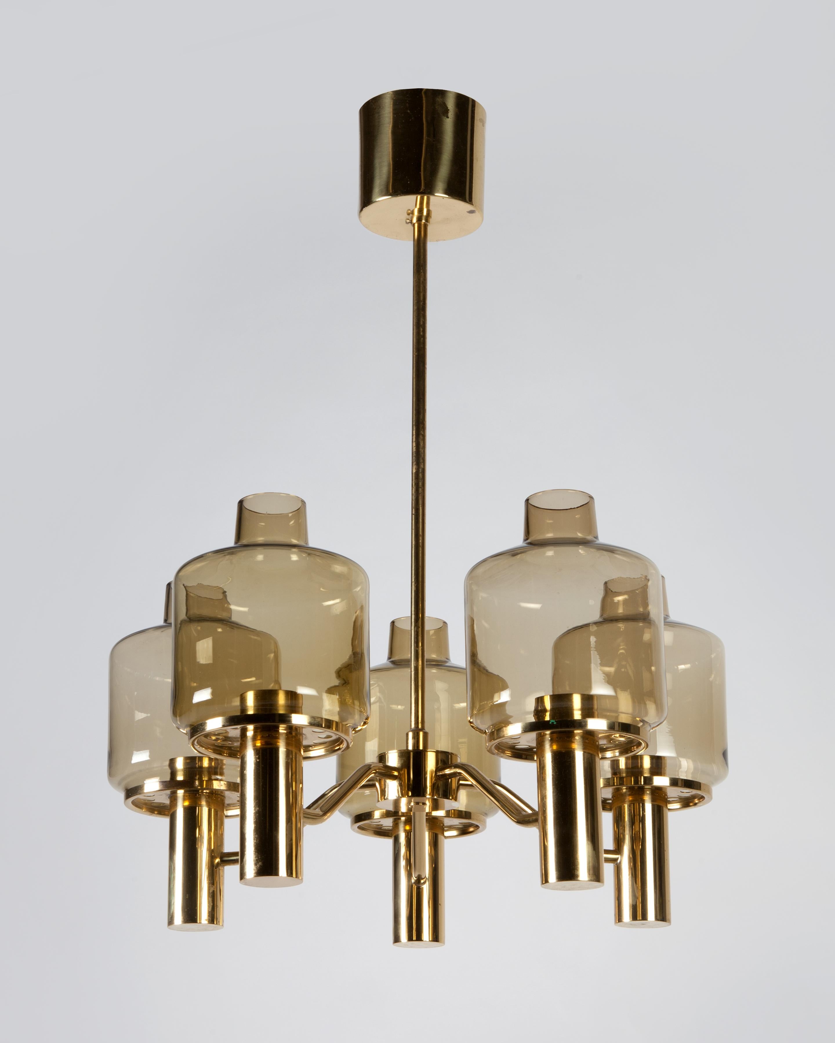 Scandinavian Modern Brass and Glass Chandelier by Swedish Maker Hans-Agne Jakobsson, Circa 1960