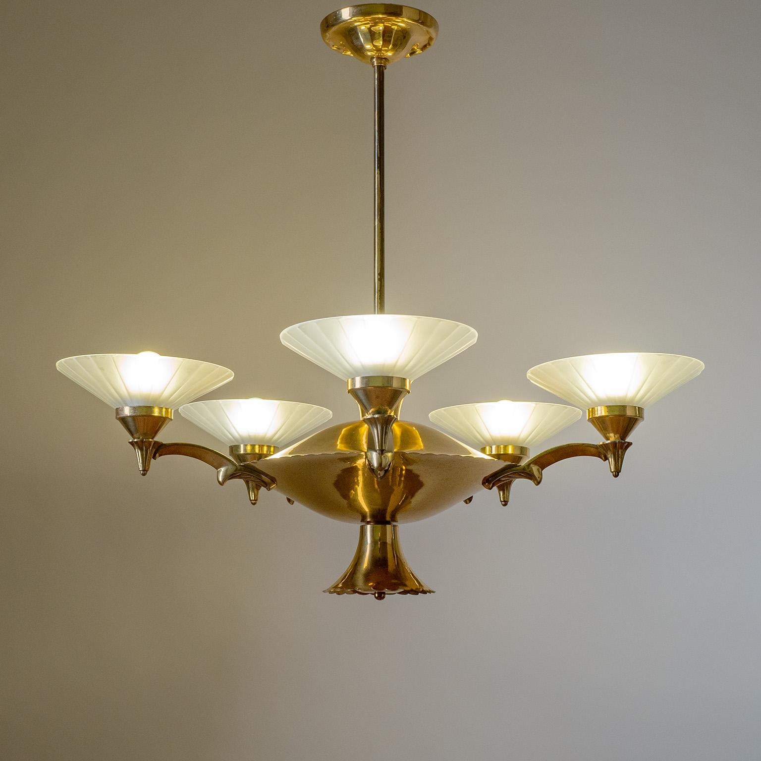 Brass and Glass Chandelier, Circa 1940 In Good Condition For Sale In Vienna, AT