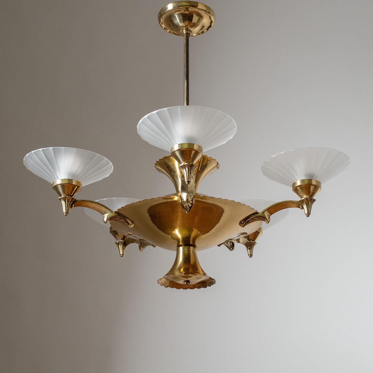 Brass and Glass Chandelier, Circa 1940 For Sale 2