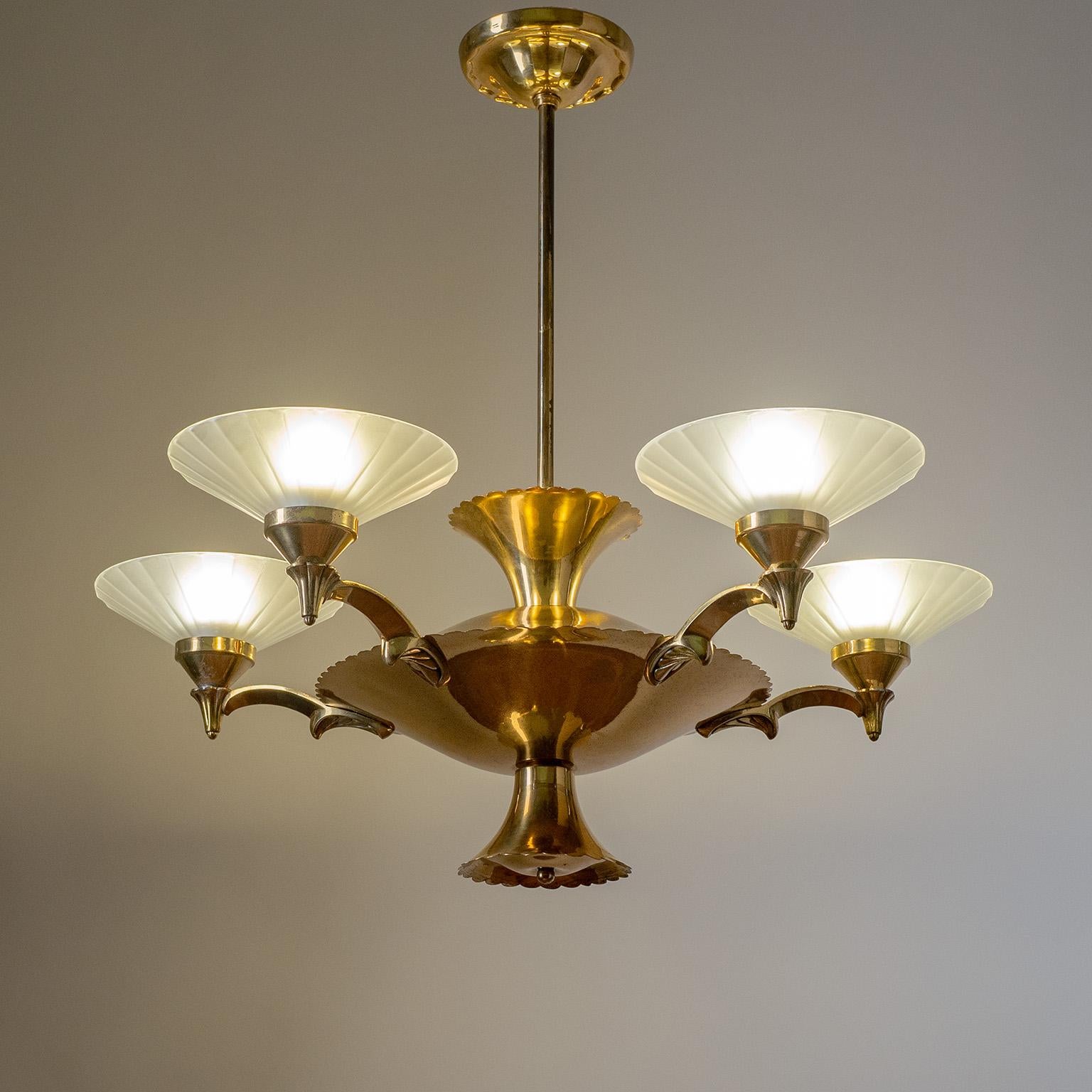 Brass and Glass Chandelier, Circa 1940 For Sale 3