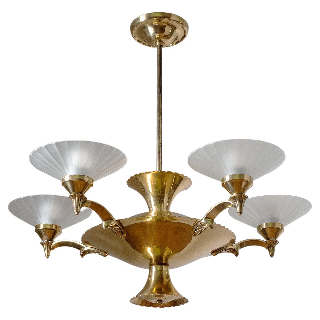 Brass and Glass Chandelier, Circa 1940 For Sale