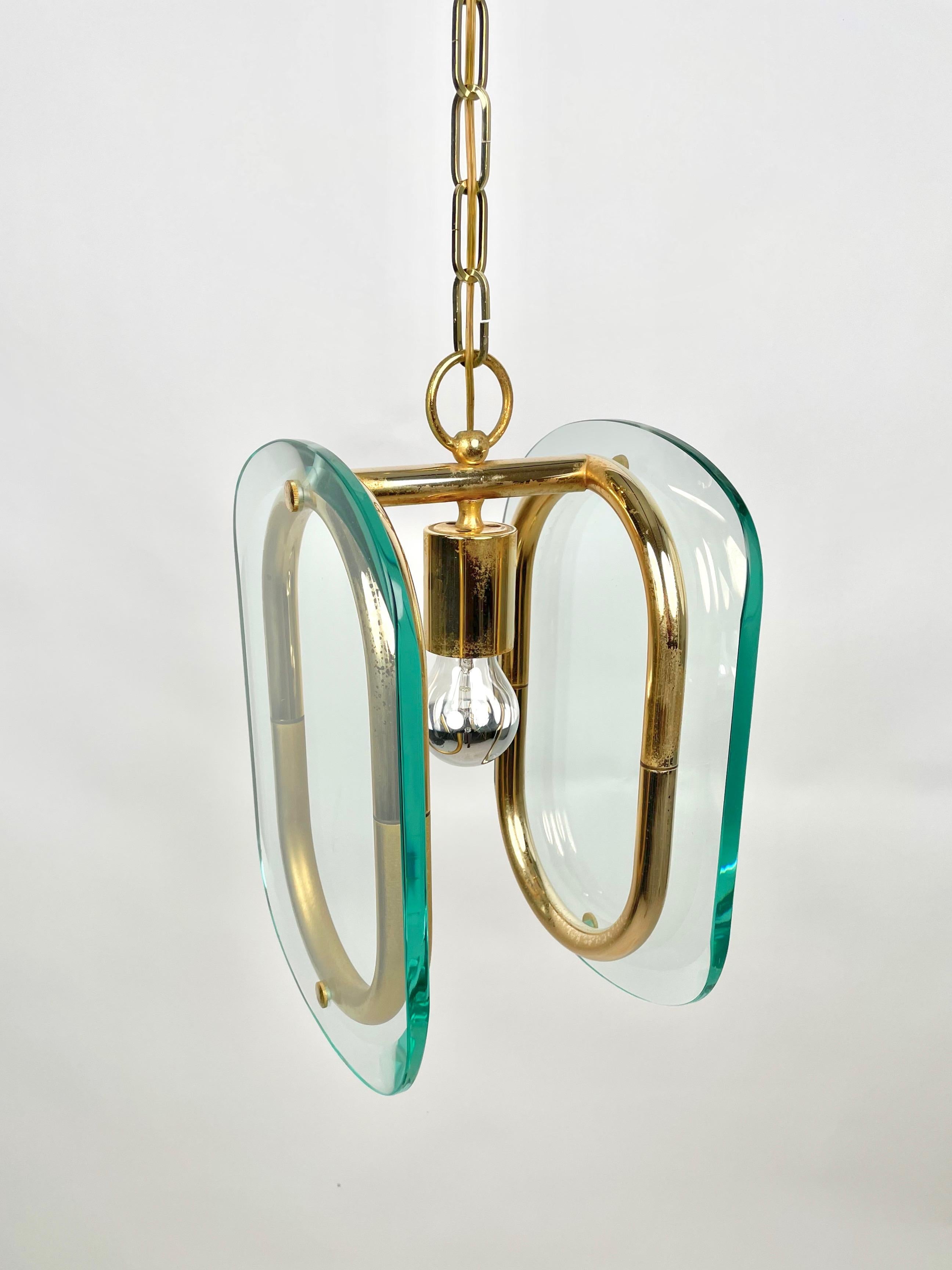 Brass and Glass Chandelier Fontana Arte Style, Italy, 1970s For Sale 4