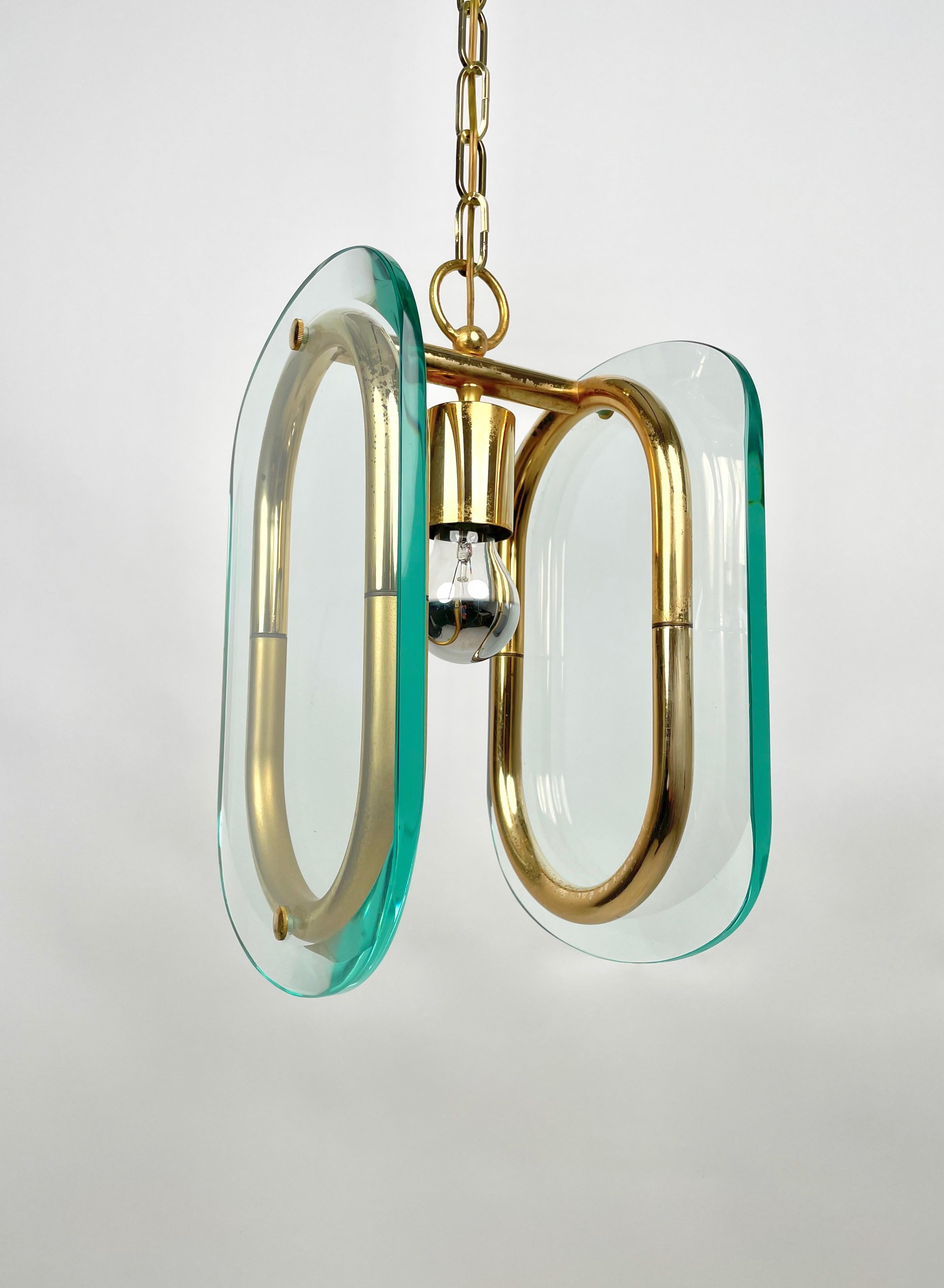 Brass and Glass Chandelier Fontana Arte Style, Italy, 1970s For Sale 5
