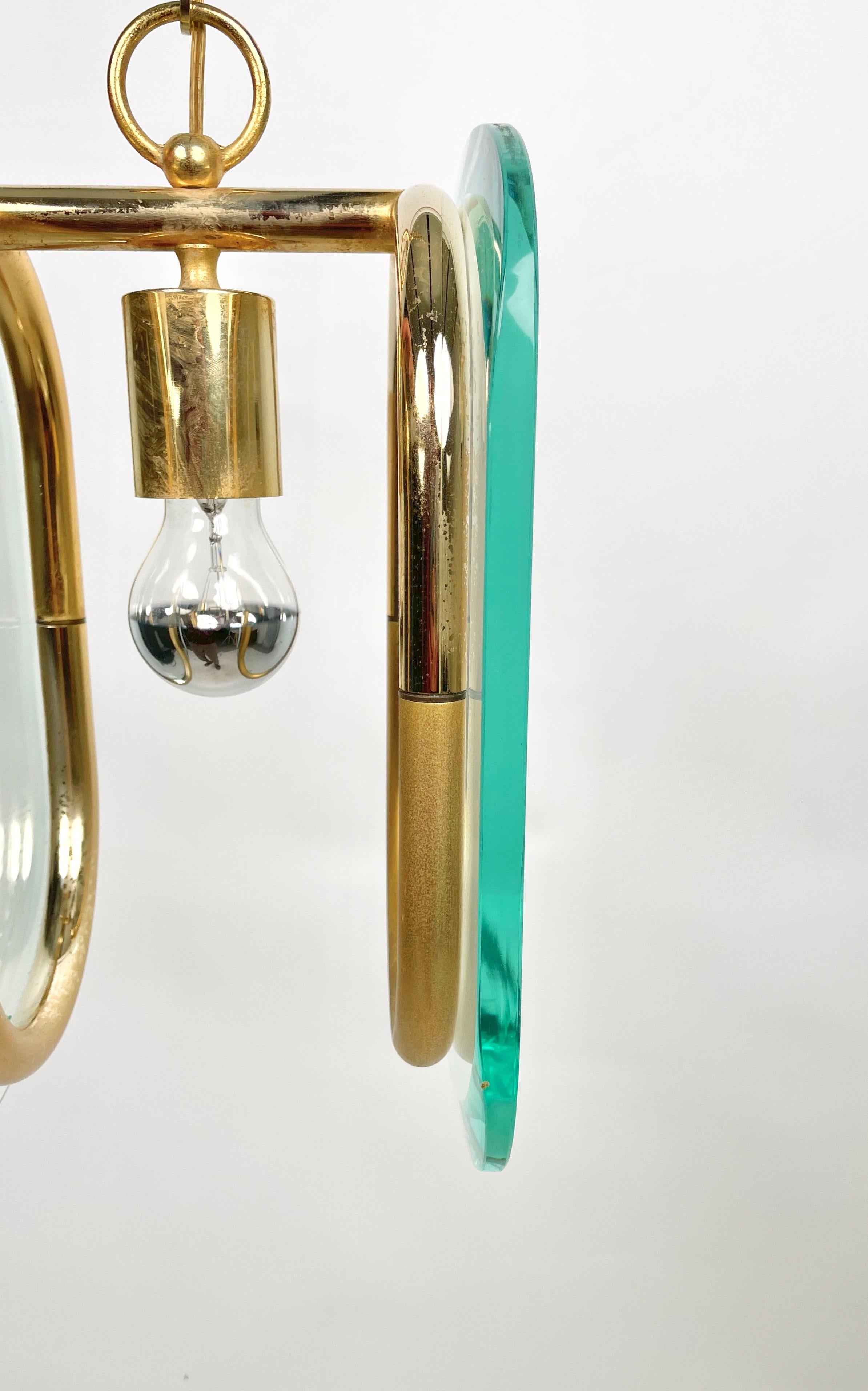 Brass and Glass Chandelier Fontana Arte Style, Italy, 1970s For Sale 6