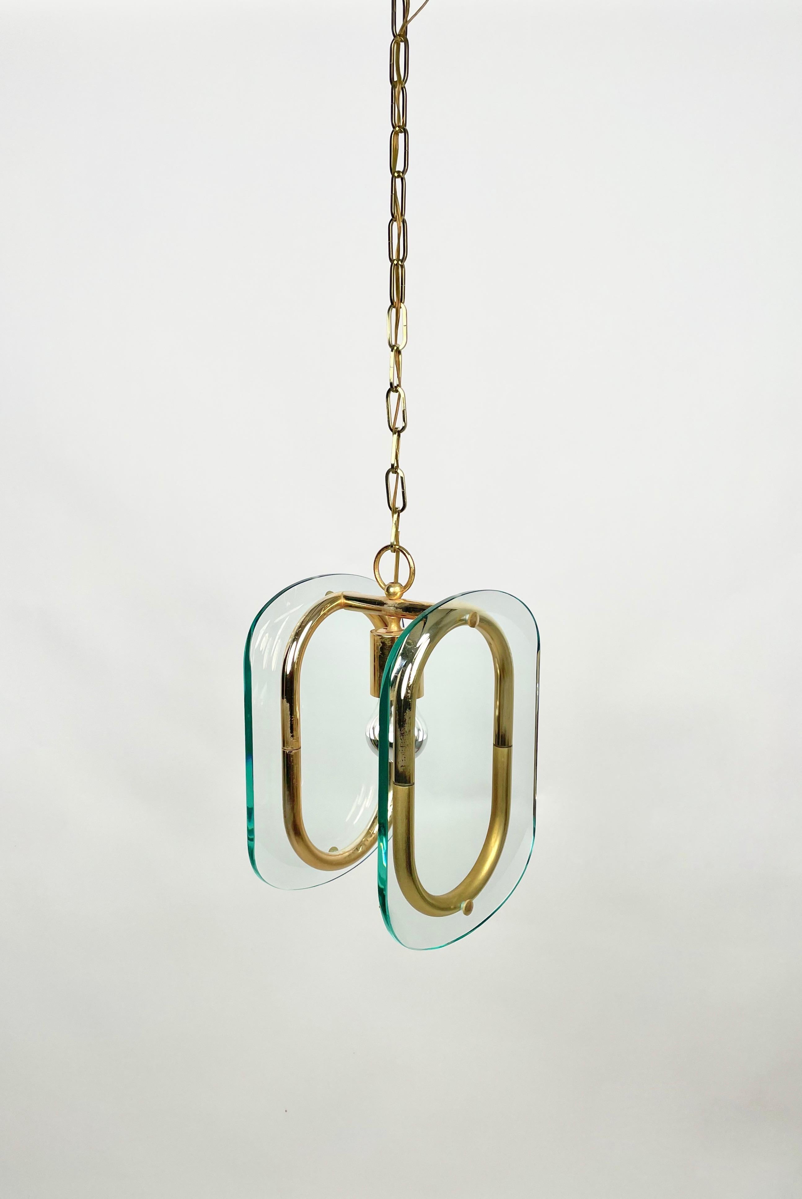 Brass and Glass Chandelier Fontana Arte Style, Italy, 1970s For Sale 7