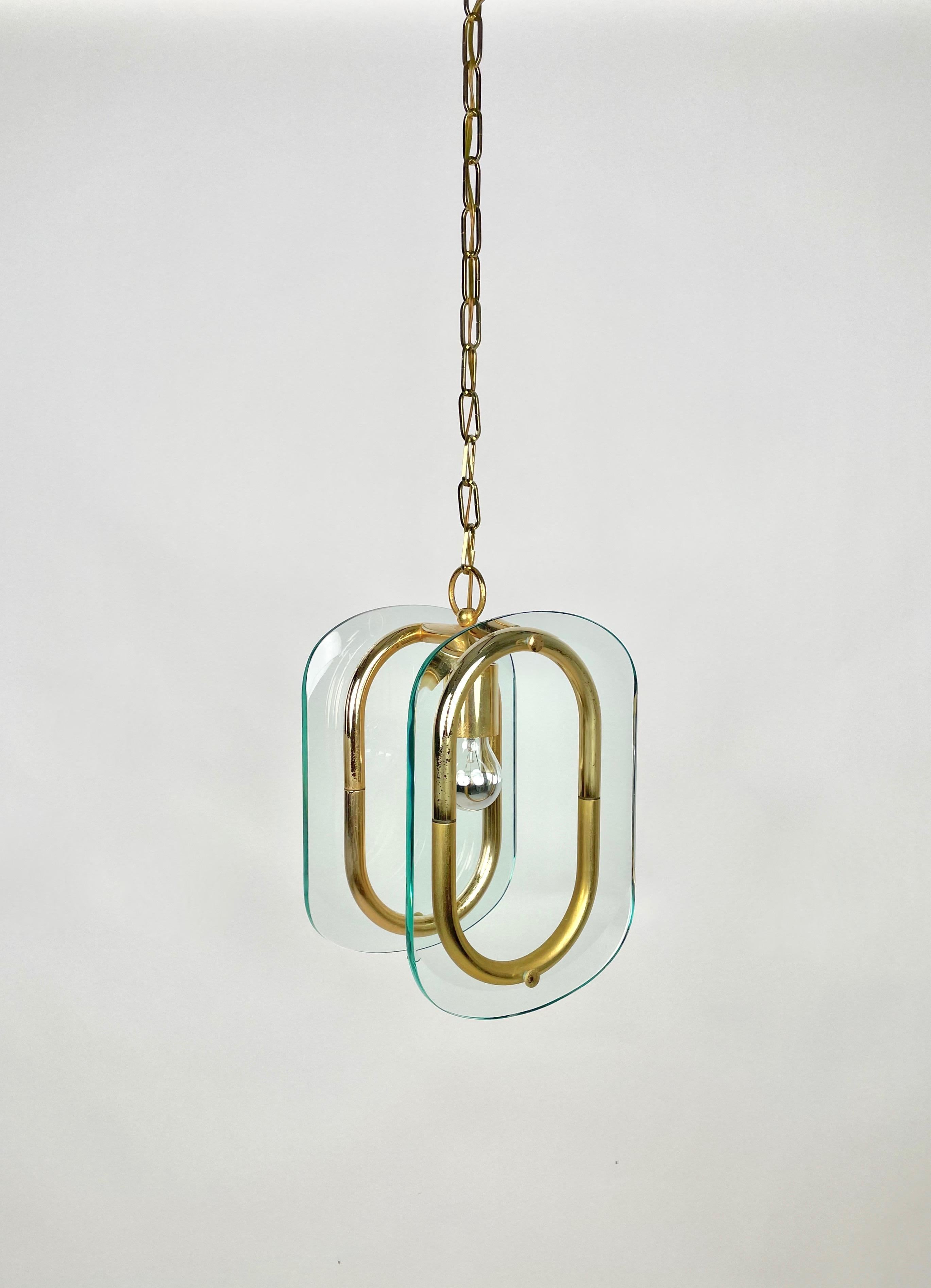 Brass and Glass Chandelier Fontana Arte Style, Italy, 1970s For Sale 8