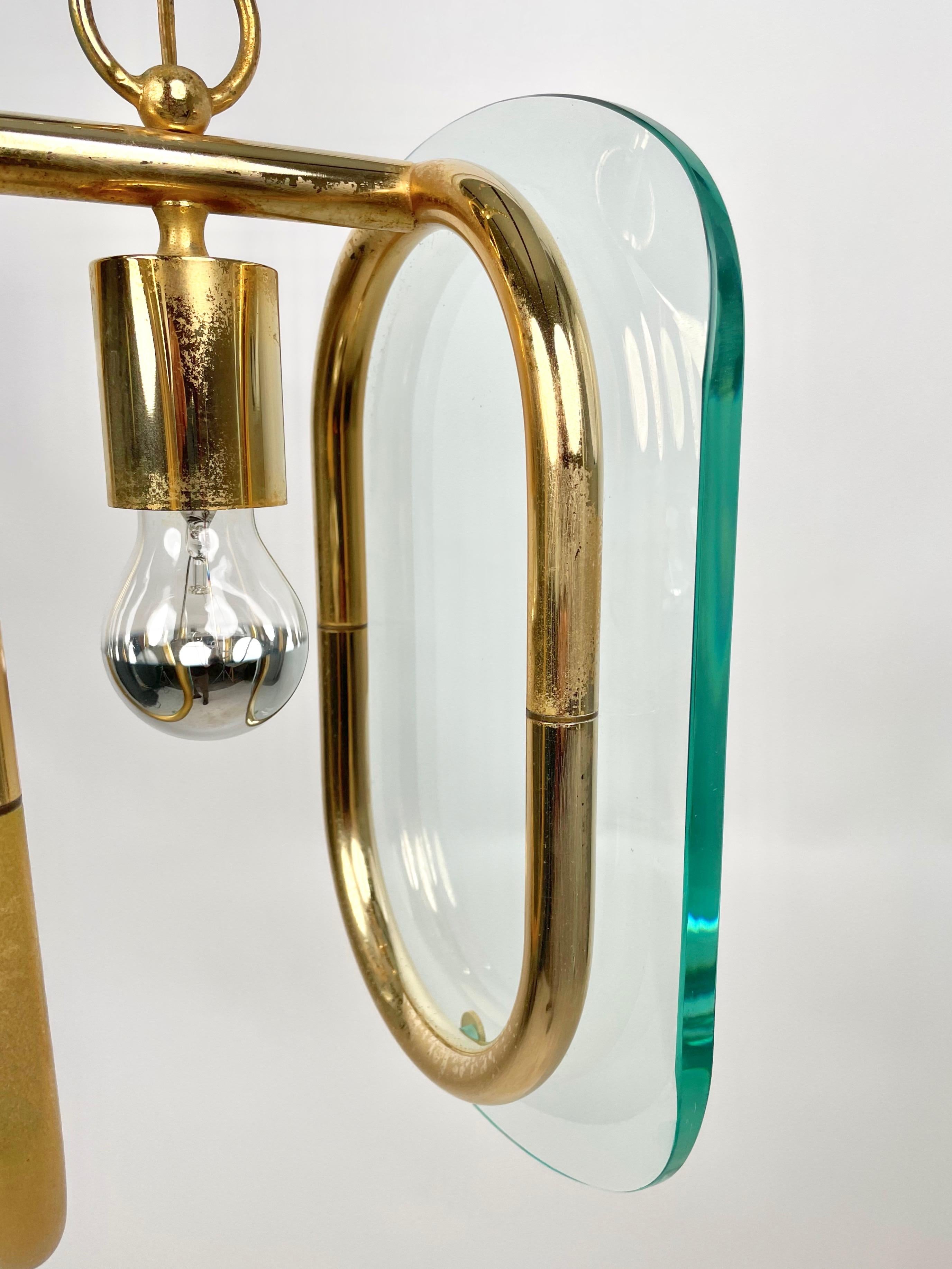 Brass and Glass Chandelier Fontana Arte Style, Italy, 1970s For Sale 9